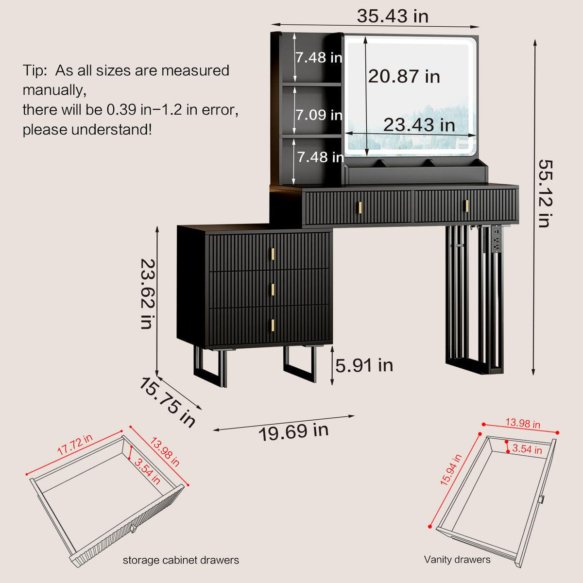 Large Vanity Desk with 3 Color Touch Screen Dimming Mirror, Vanity Desk with Charging Station, Modern Retractable Makeup Dressing Table, Makeup Table With storage shelves and 5 Sliding Drawers, Black