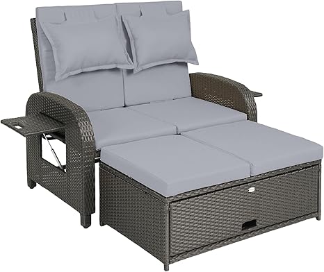 Outdoor Rattan Daybed with Storage Ottoman & Adjustable Backrest