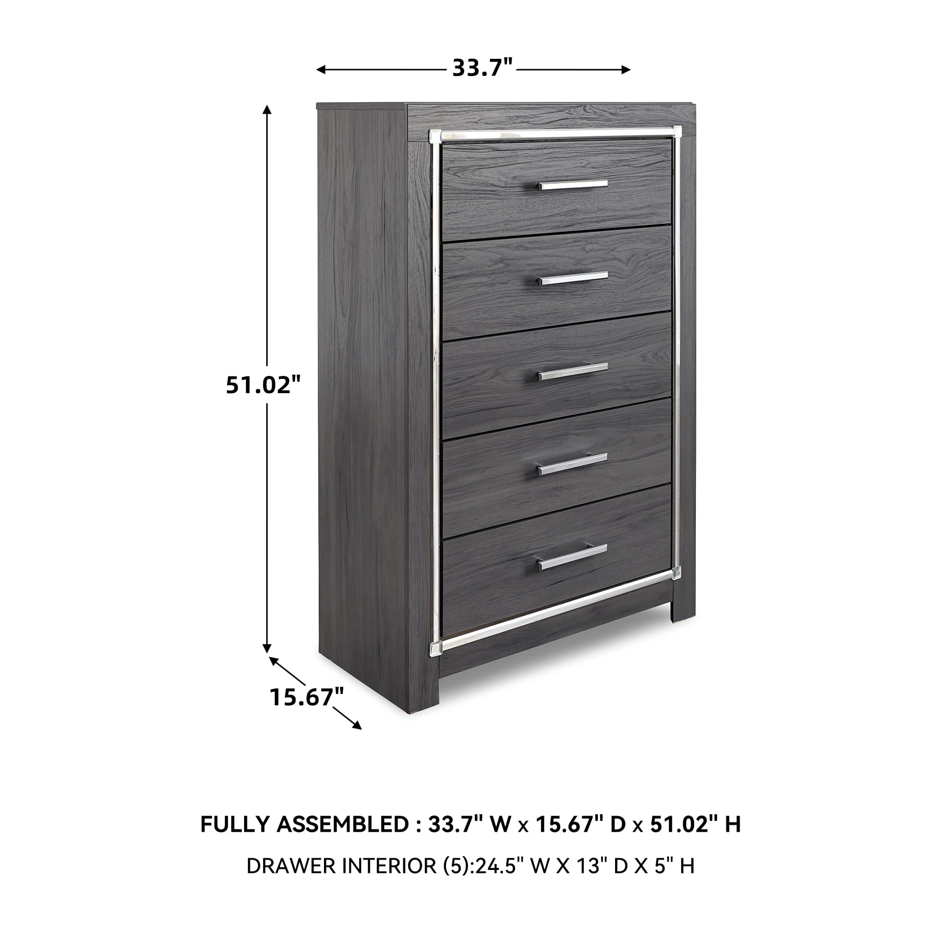 Signature Design by Ashley Lodanna Modern Glam 5 Drawer Chest, Faceted Chrome-tone Pulls and Accents, Wood, 33.75" Wide x 15.75" Deep x 51" High, Gray