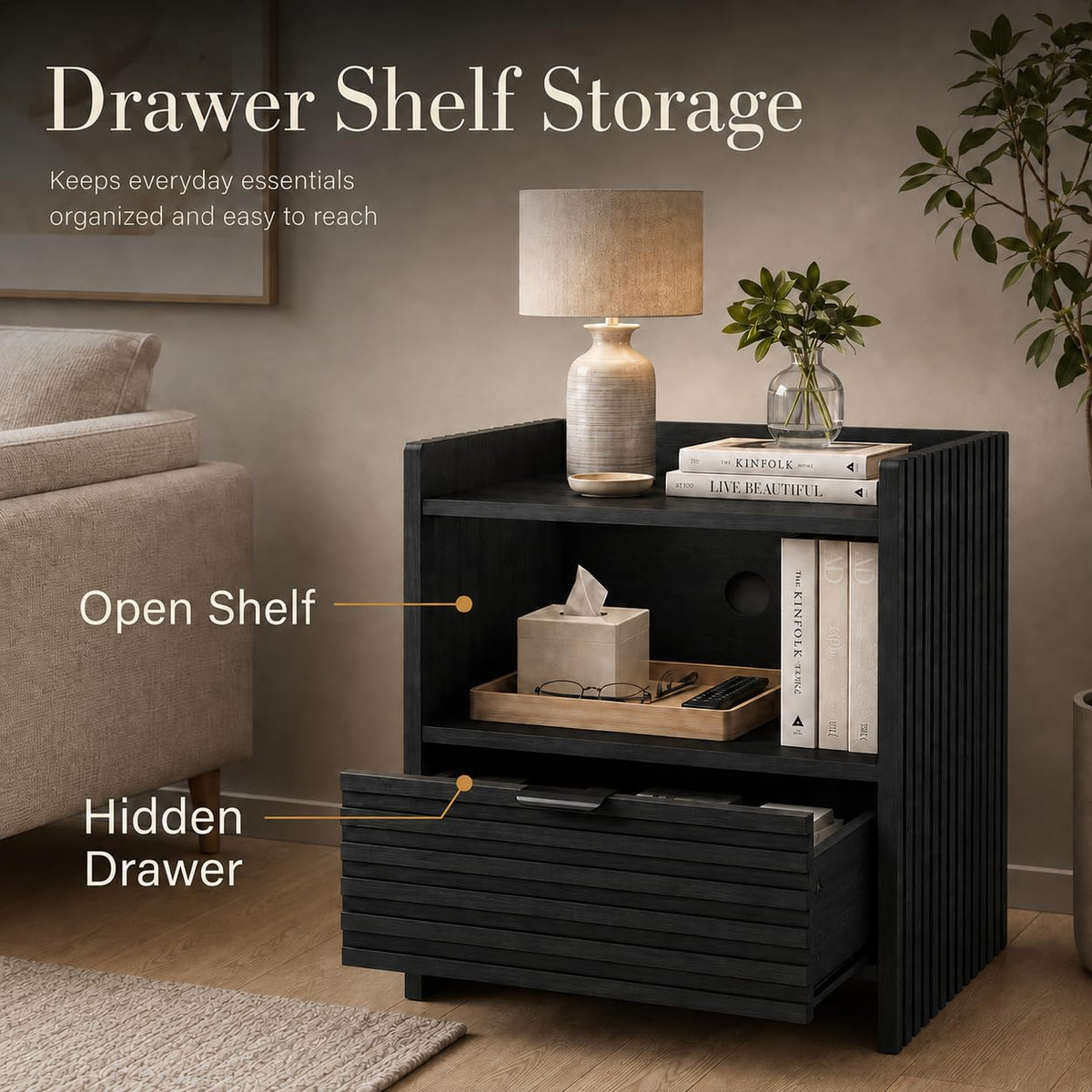 Black Fluted Nightstand with Drawer