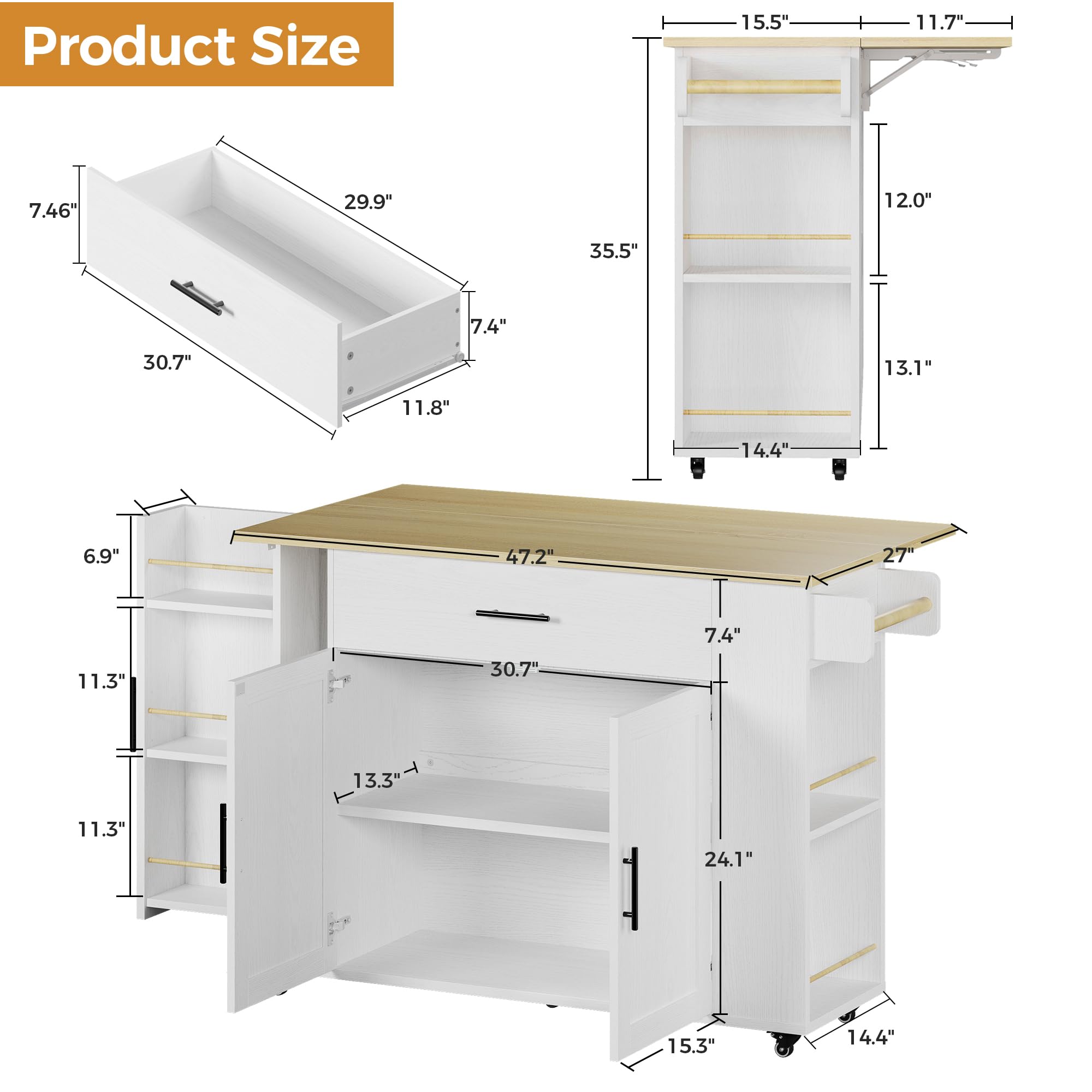 Rolling Kitchen Island Cart with Drop Leaf