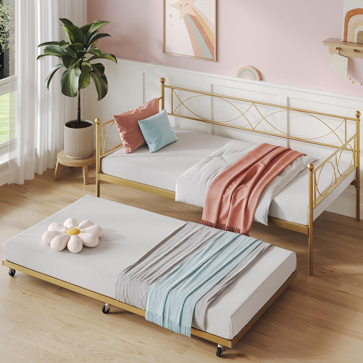IDEALHOUSE Metal Twin daybed with Trundle with Steel Slat Support