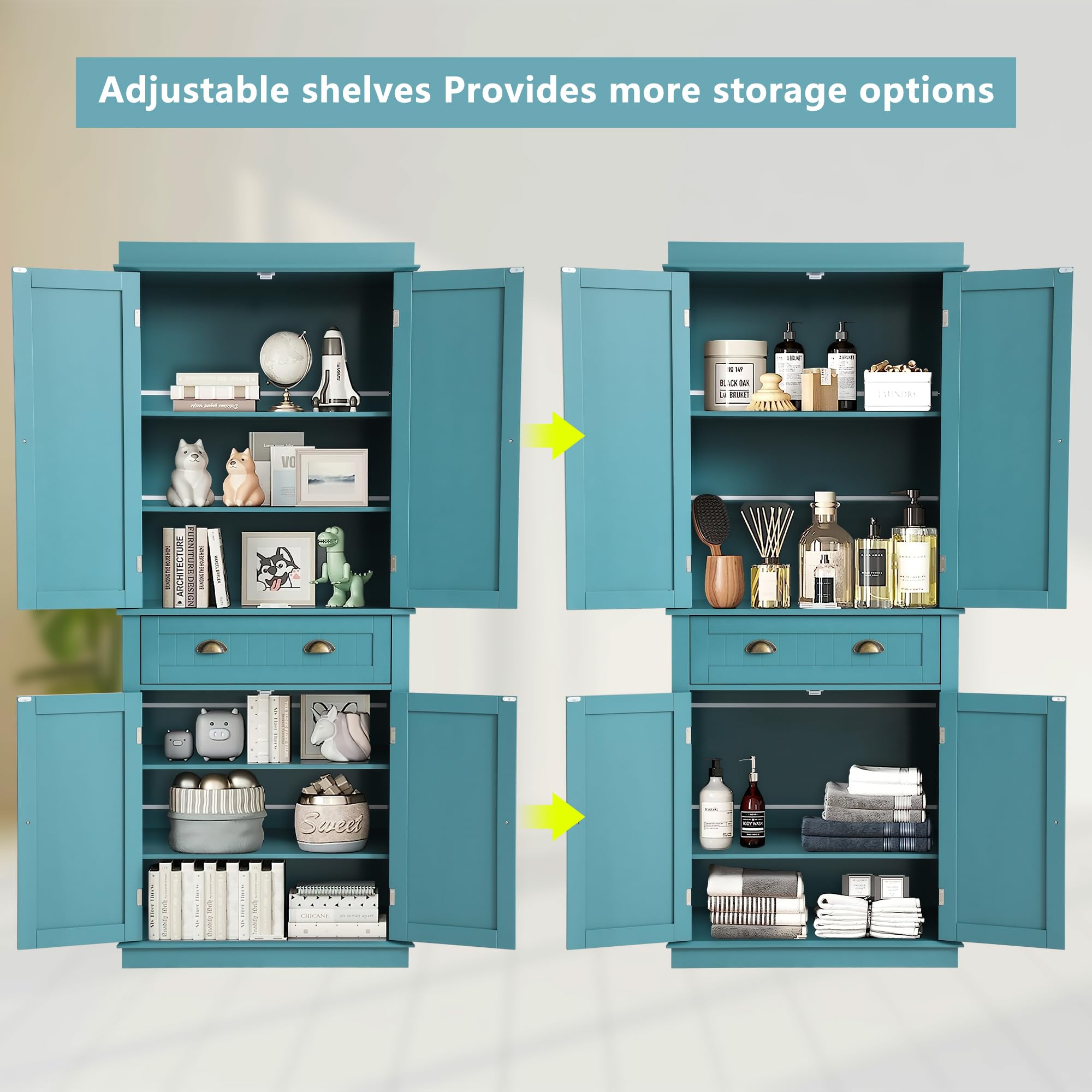 KIGOTY 72" Tall Kitchen Pantry Cabinet with Drawer and 4 Adjustable Shelves, Freestanding Pantry Storage Cabinets, Wood Cupboard Pantry Cabinet for Kitchen, Dining Room, Living Room, Turquoise
