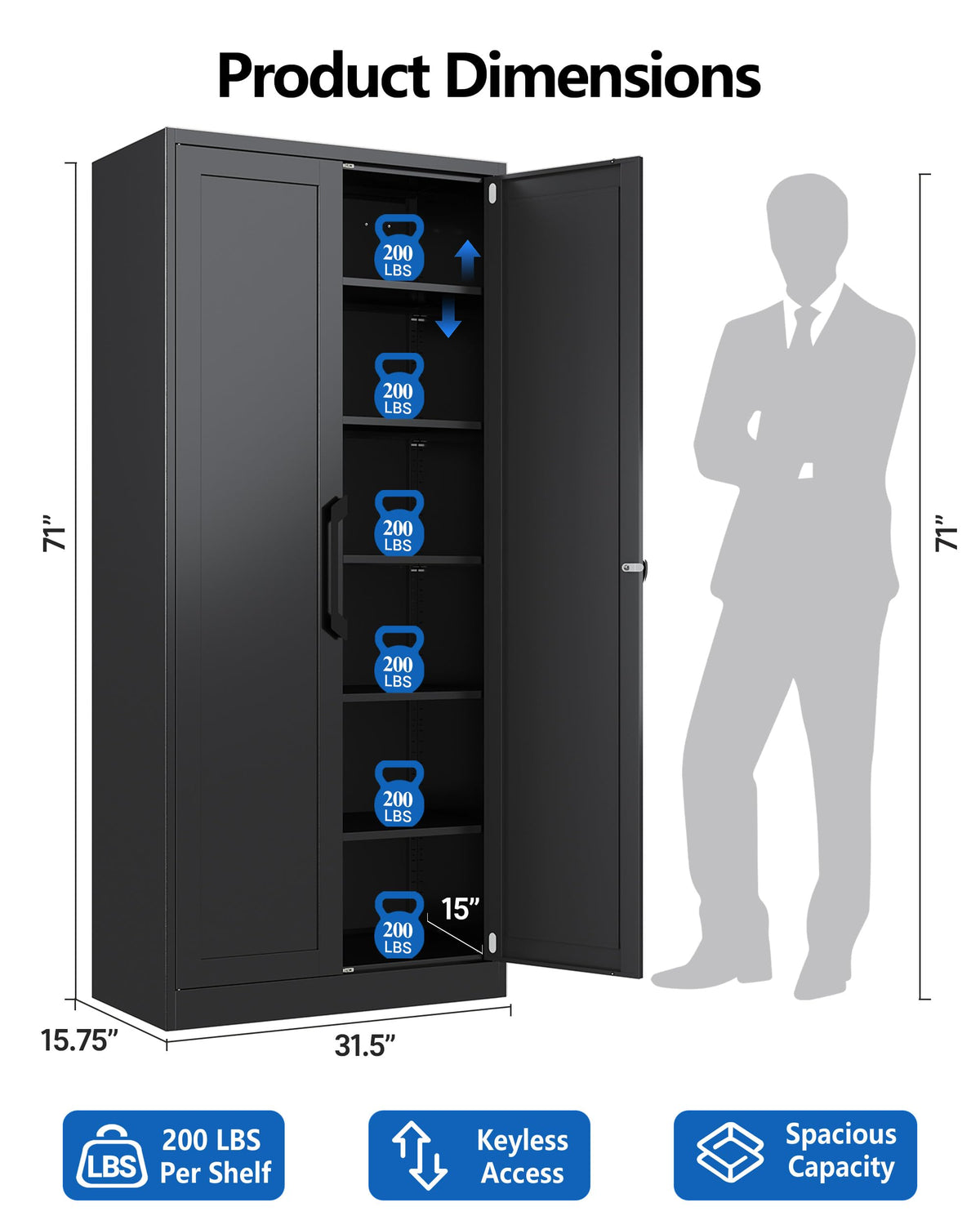 KAER Metal Storage Cabinet with Combo Lock,71" Garage Cabinet,5 Adjustable Shelves,Tall Locking Storage Cabinet,Black Lockable Tool Cabinet,Wall Mounted& Freestanding for Home,Office,Workshop,Utility