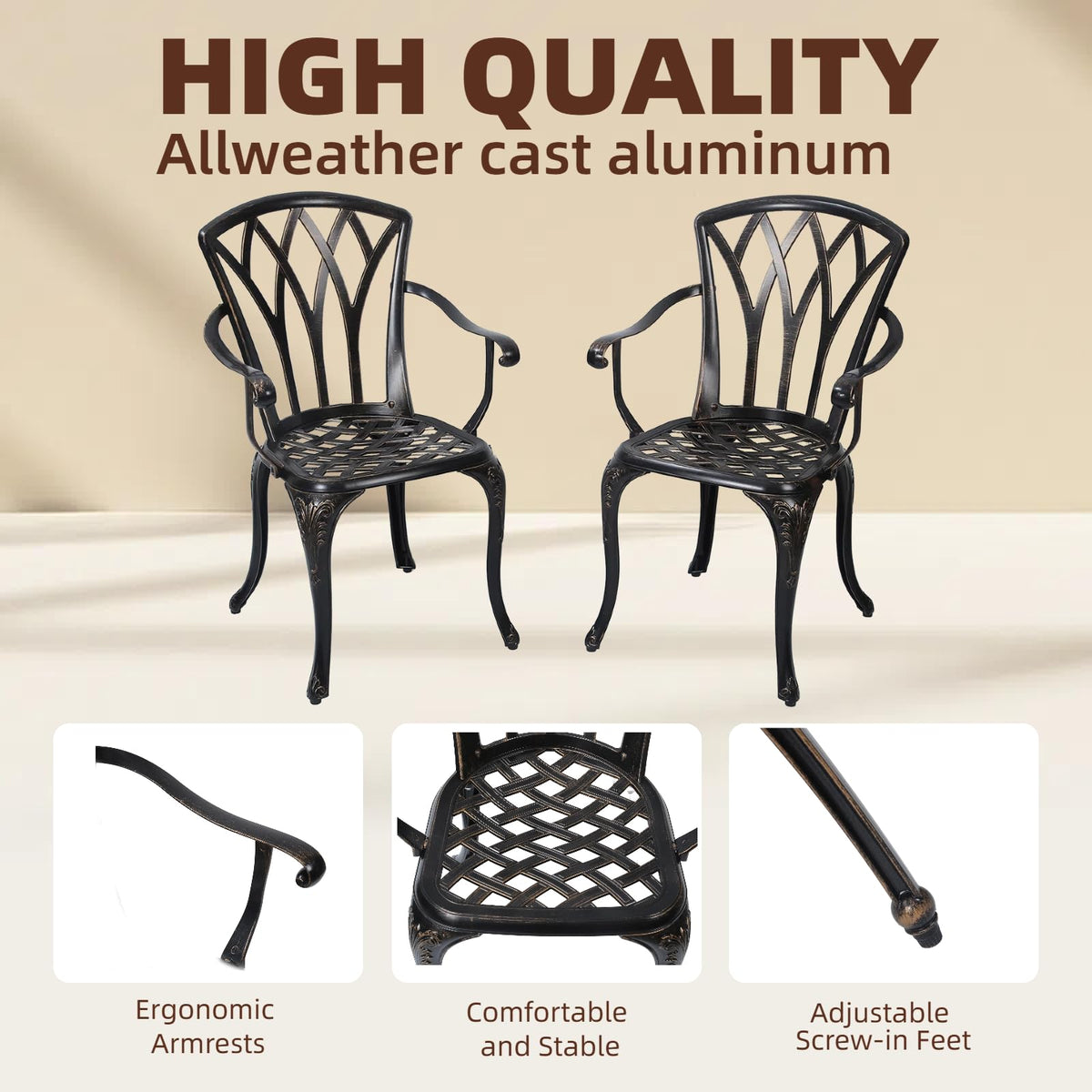 GXOUTAL 3-Piece Cast Aluminum Patio Bistro Set, Outdoor Rust-Resistant Furniture with 2 Chairs and Table (Bronze)