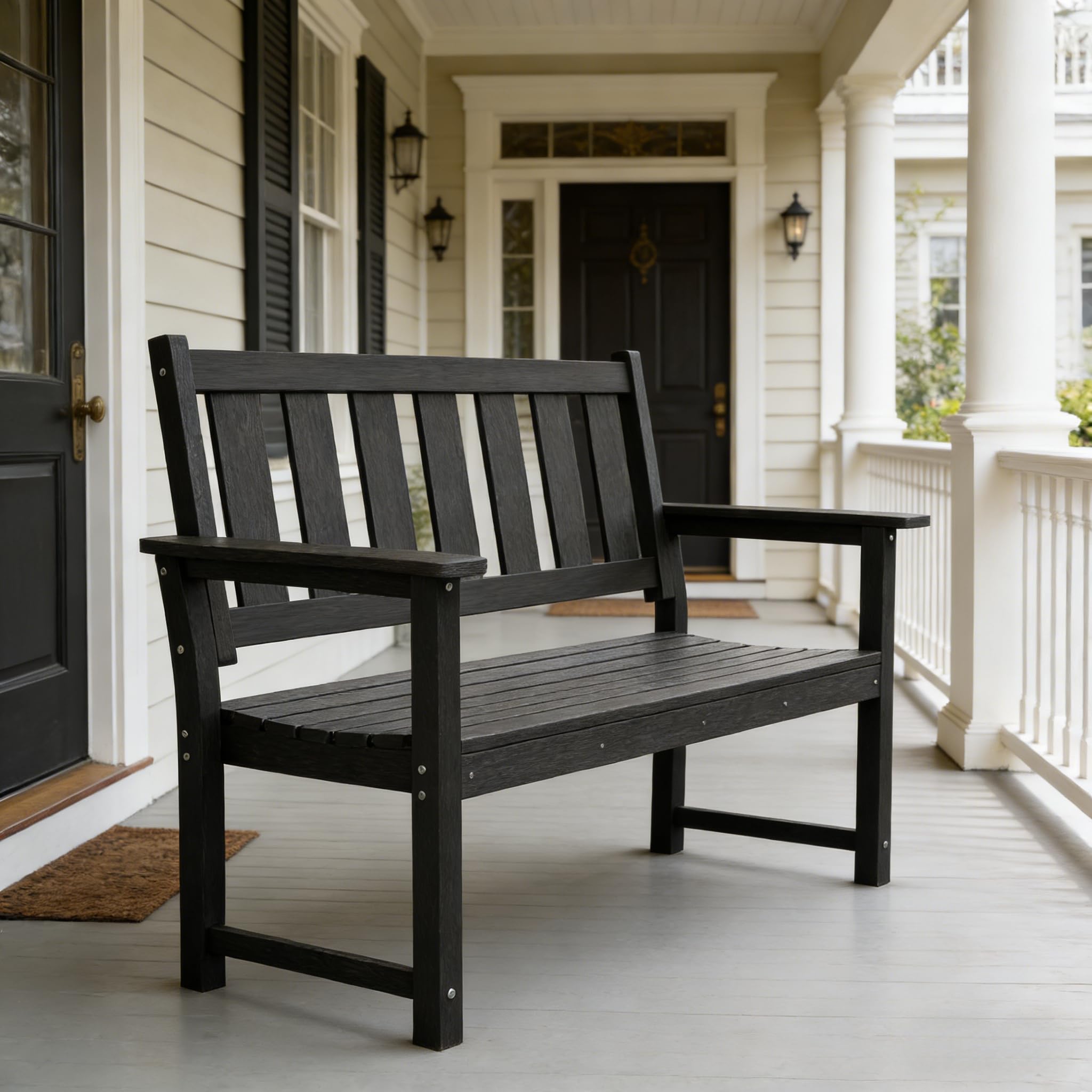 ACUEL 50" Poly Lumber Outdoor Bench, 2-Person HDPE Weatherproof Patio Garden Bench with 800 lbs Weight Capacity, Multi-Purpose Design Ideal for Porch, Backyard, Lawn, Park, Balcony and School (Black)