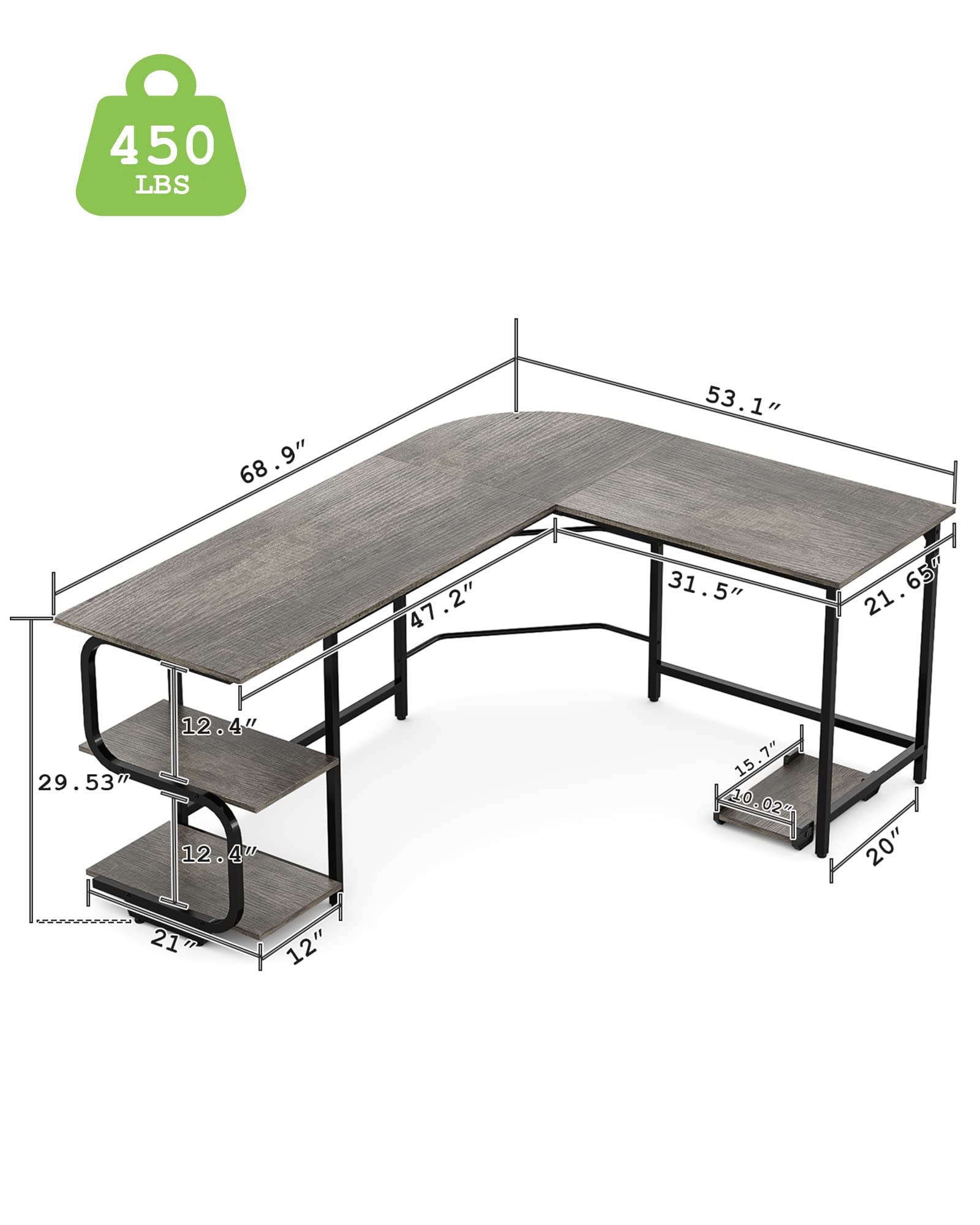 L-Shaped Desk with Storage Shelves & Monitor Stand Hole