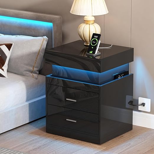 LED Nightstand with Charging Station & 2 Drawers