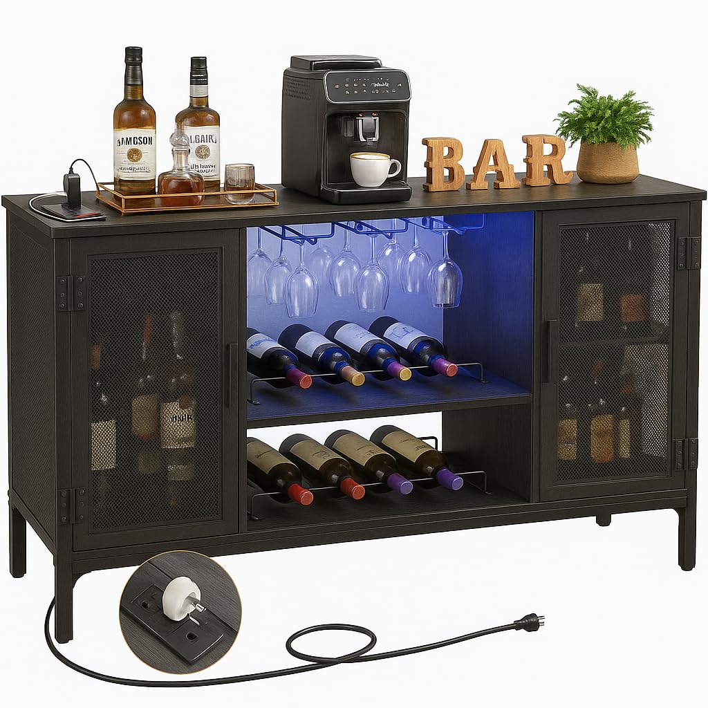 Homieasy Wine Bar Cabinet with Power Outlets & LED Lights, Black