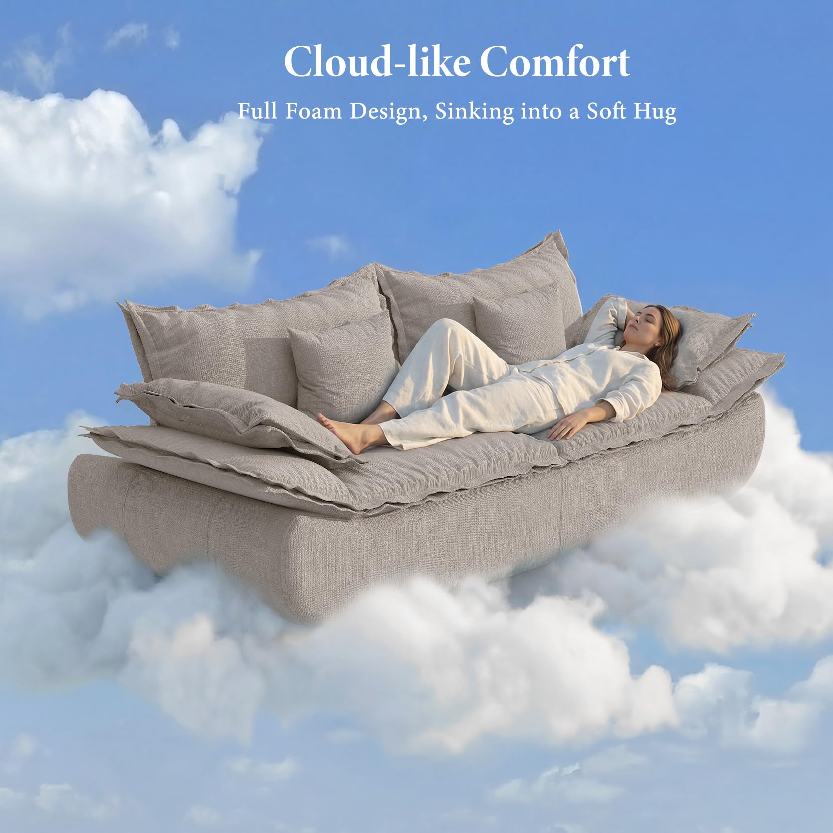 Vesgantti 86.6" Cloud Couch for Living Room, Modern 3 Seater Sailboat Sofa with Deep Seat, Comfy Chenille Upholstered Boneless Couch with Curved Armrest, No Assembly Required, Light Grey