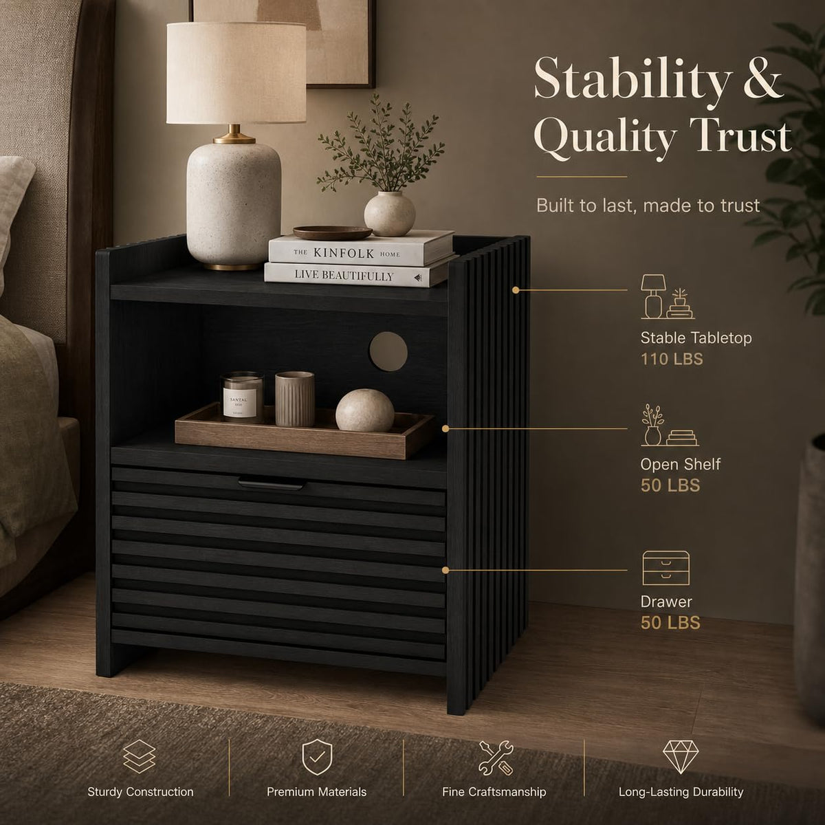 Black Fluted Nightstand with Drawer