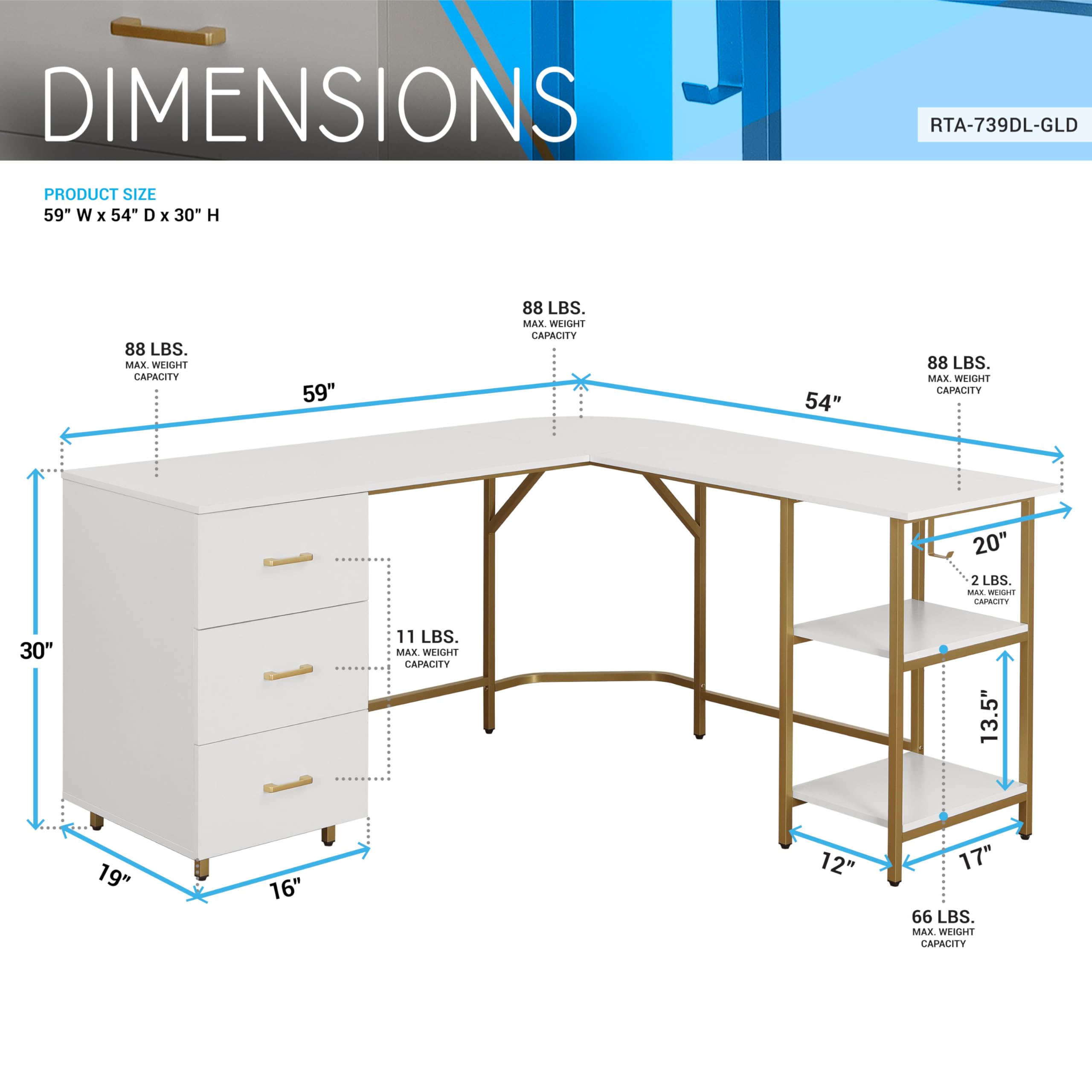 L-Shaped Computer Desk with Drawers & Storage Shelves