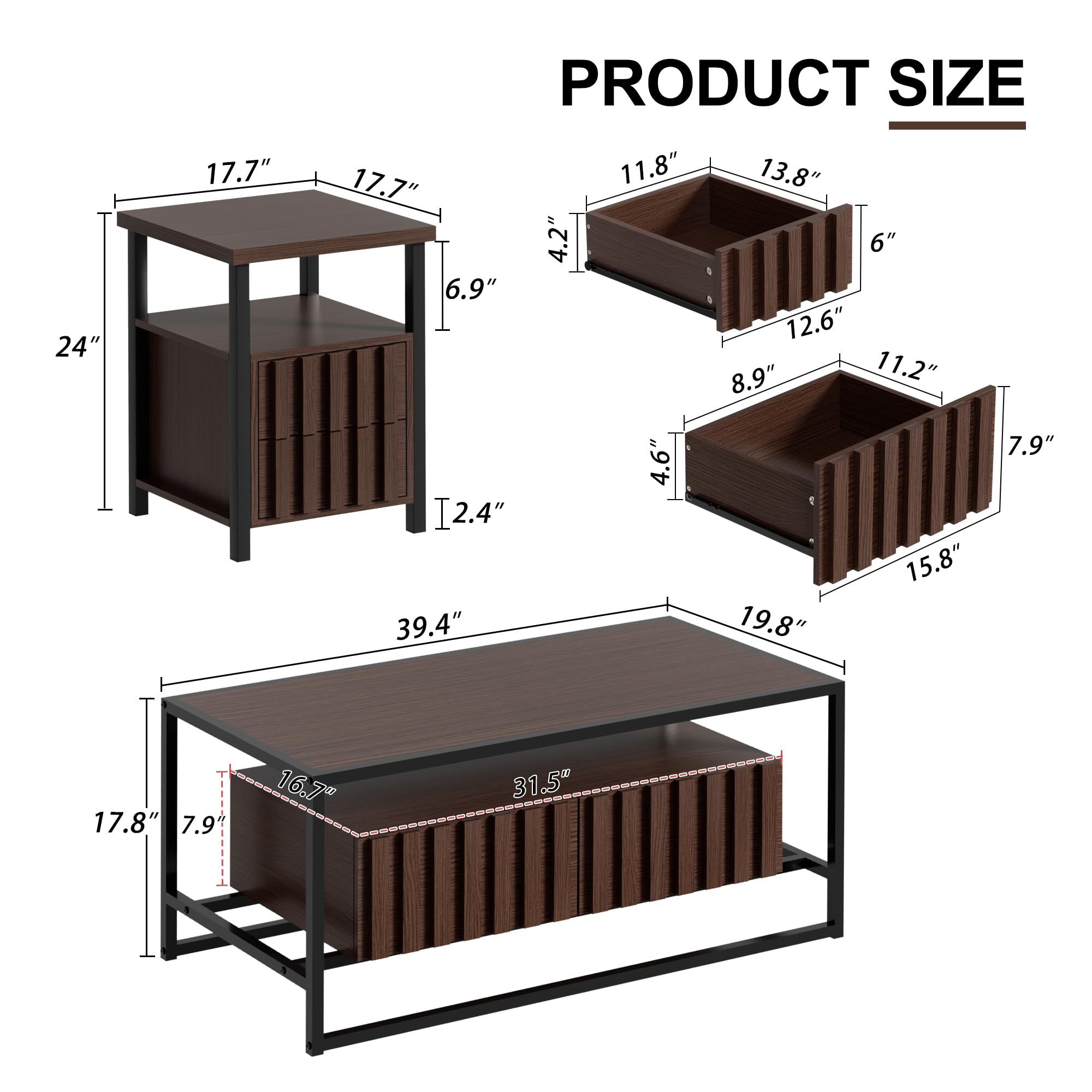 3-Piece Coffee Table Set with Drawers & Open Shelves