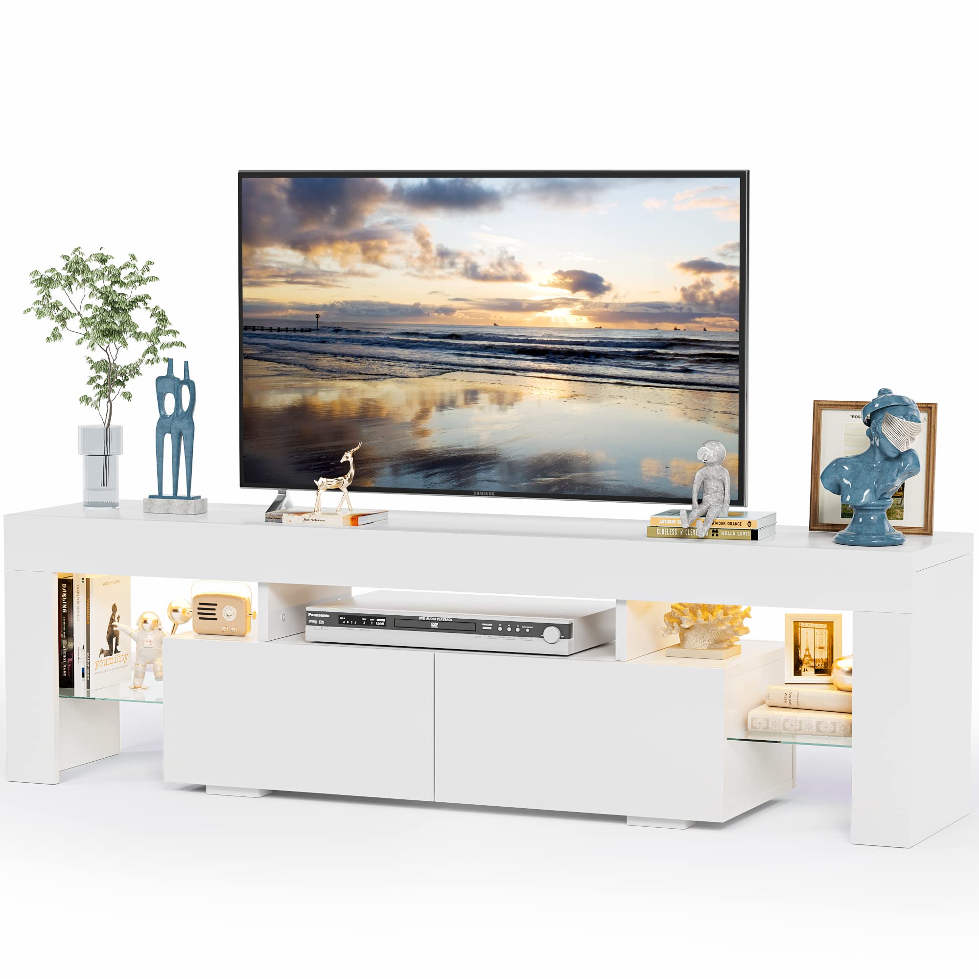 JUMMICO TV Stand with LED Lights, Modern Entertainment Center Media and Open Shelf Console Table Storage Desk with 1 Drawer and Remote Control 20 Color LED Lights up to 70 Inch TV (White)