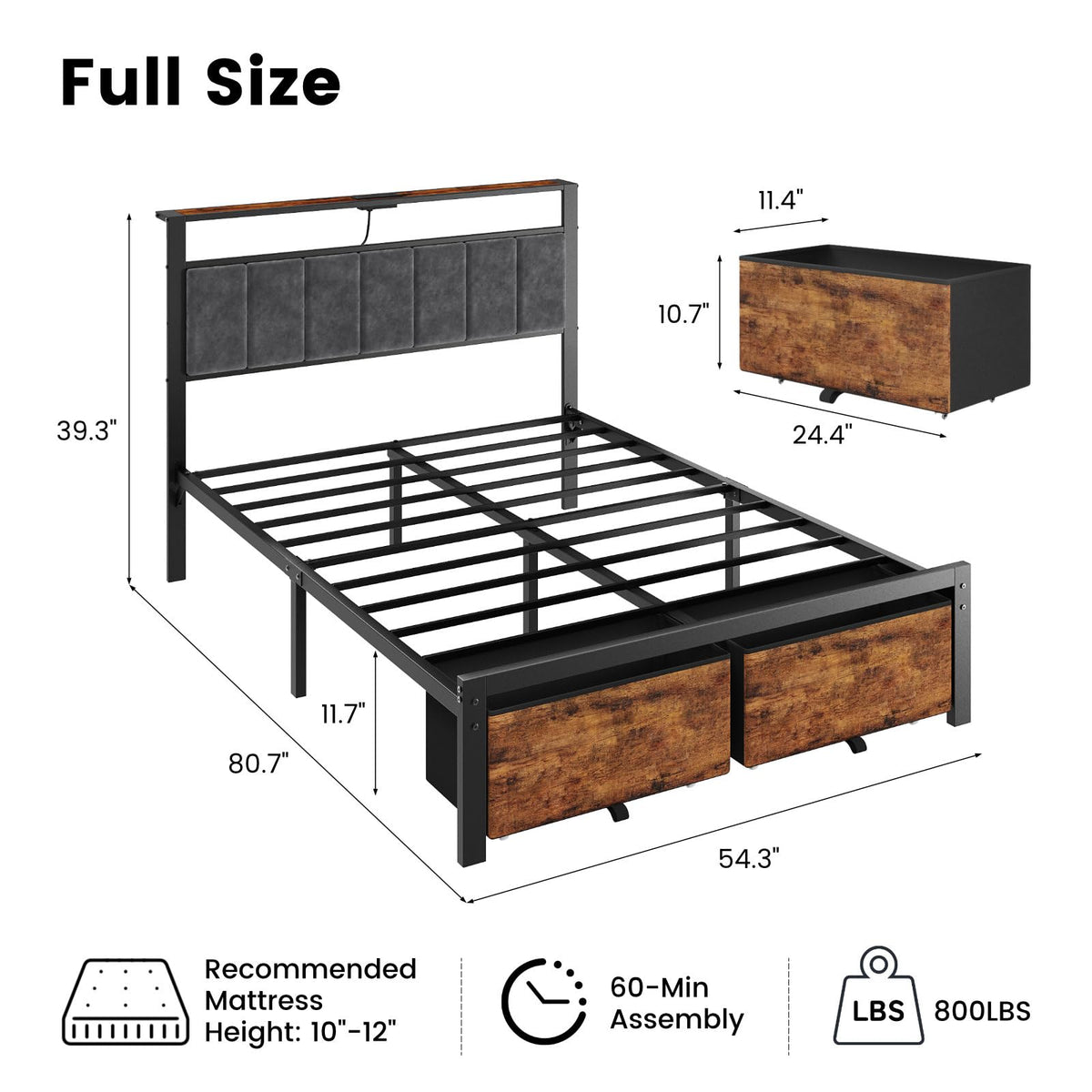 Kbun Full Size Bed Frame with Upholstered Headboard and 2 Storage Drawers