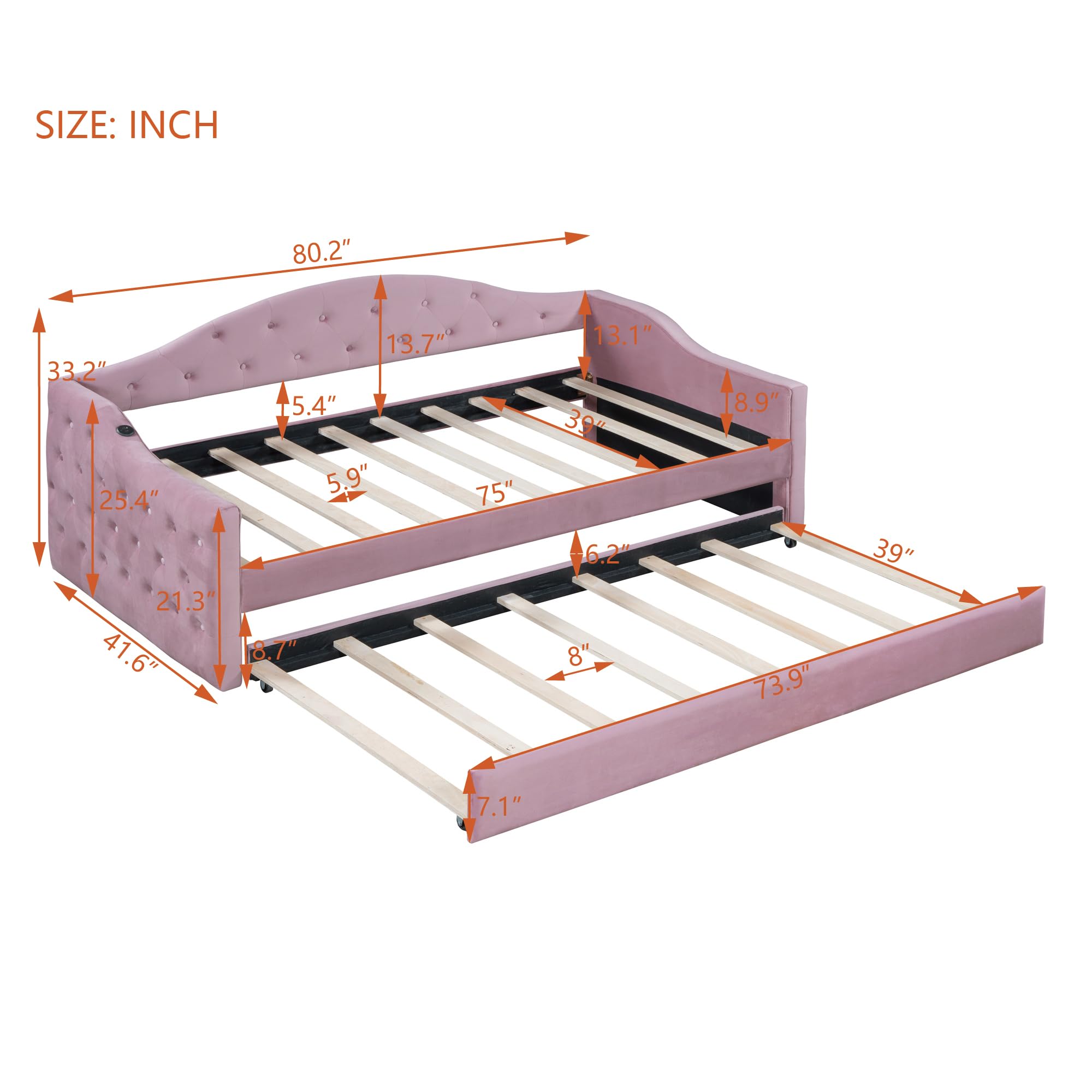 Velvet Tufted Daybed with Trundle & USB Charging