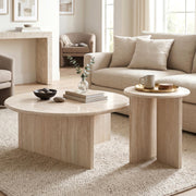 DUOMAY Coffee Table and End Table Set of 2 Modern Round Nesting Coffee Table Faux Marble Side Table Wooden Beige Travertine Finish for Living Room, Reception Room, Home Office