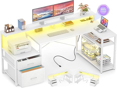 L-Shaped Desk with File Drawer, Power Outlet & LED Strip