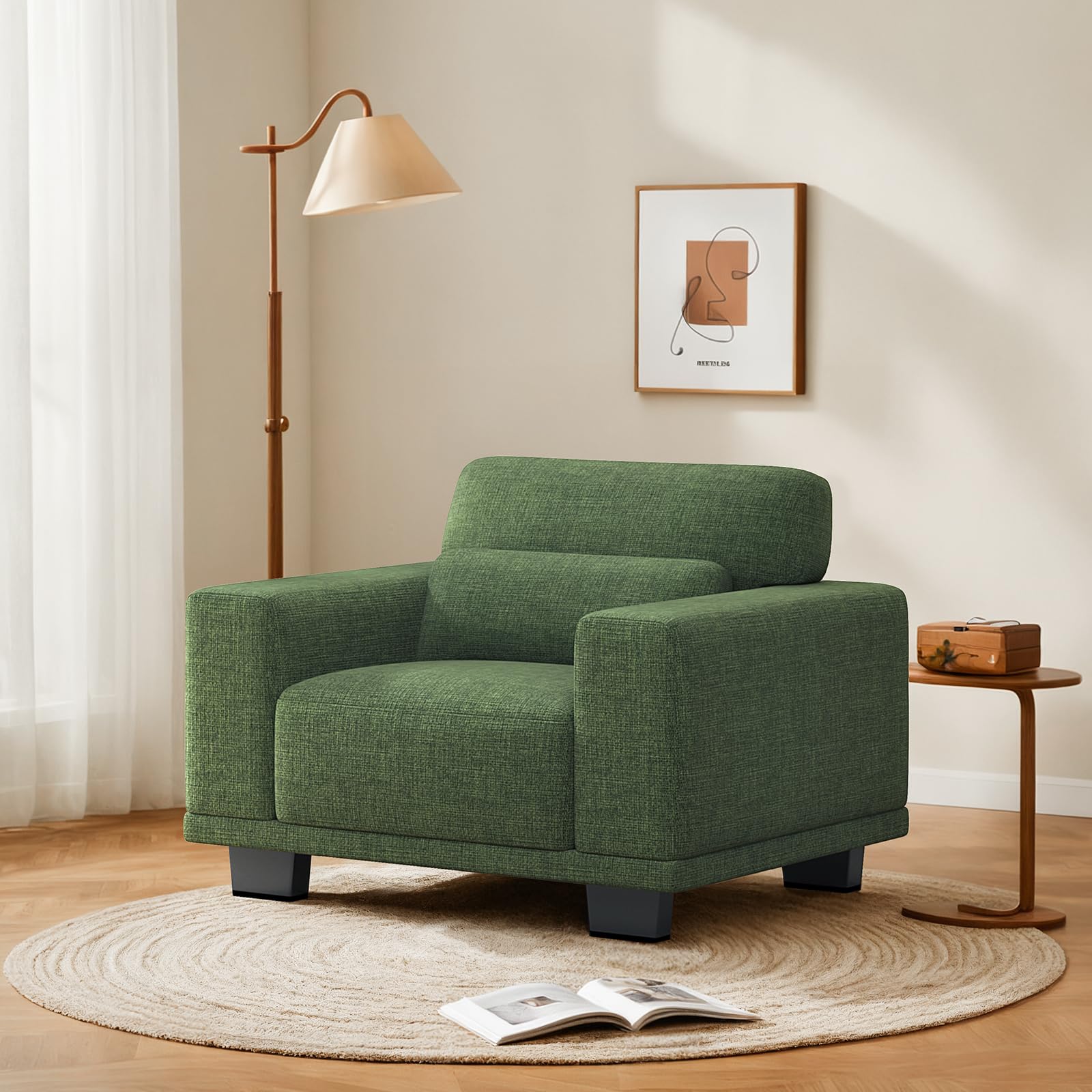 Compact Single Seater Sofa with Wide Armrests & Washable Linen Cover – Green