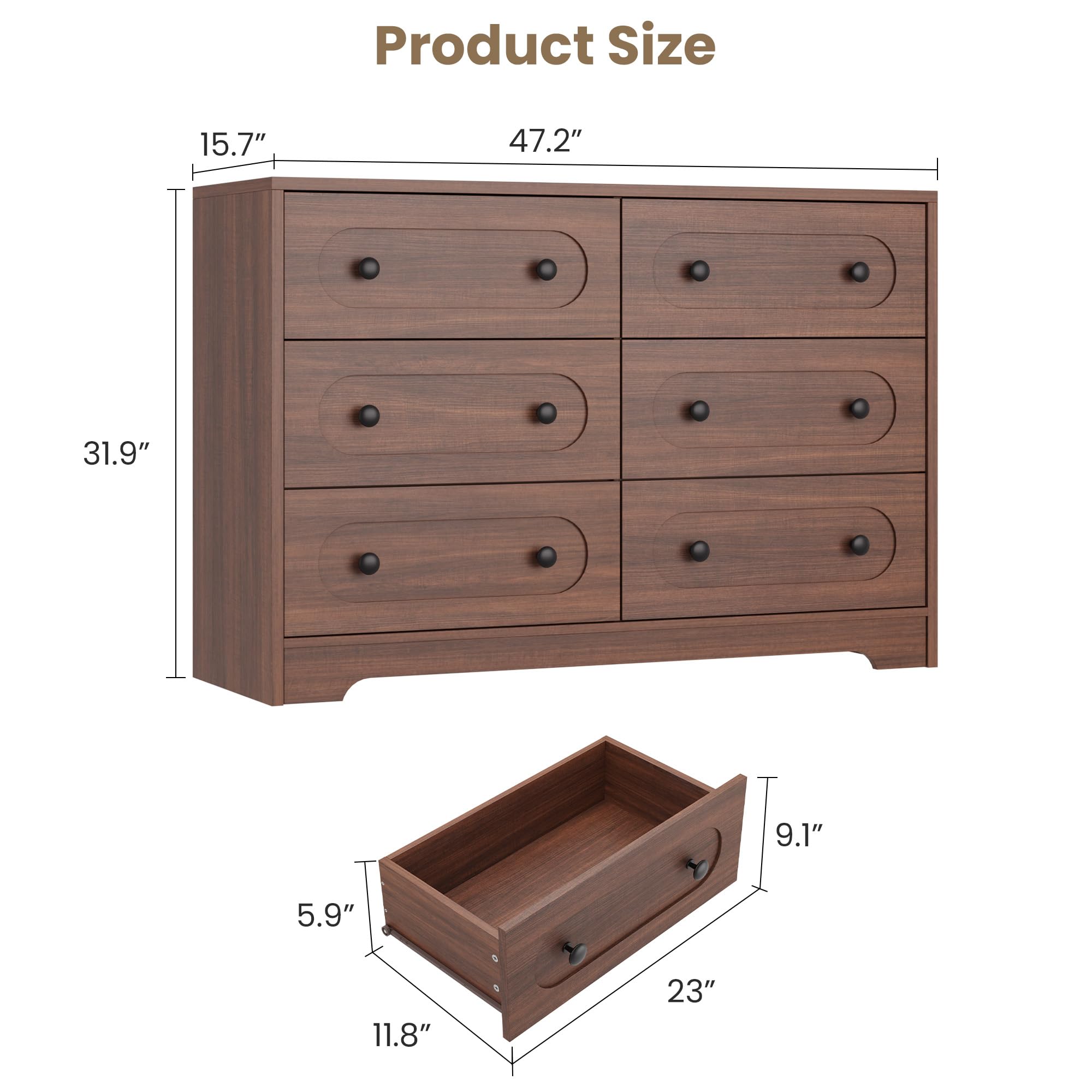 Garvee 6 Drawer Dresser for Bedroom, 47" Wide Large Dresser with Deep Drawers & Metal Knobs, Wooden Mid Century Modern Chest of Drawers for Living Room, Entryway, Hallway, Walnut