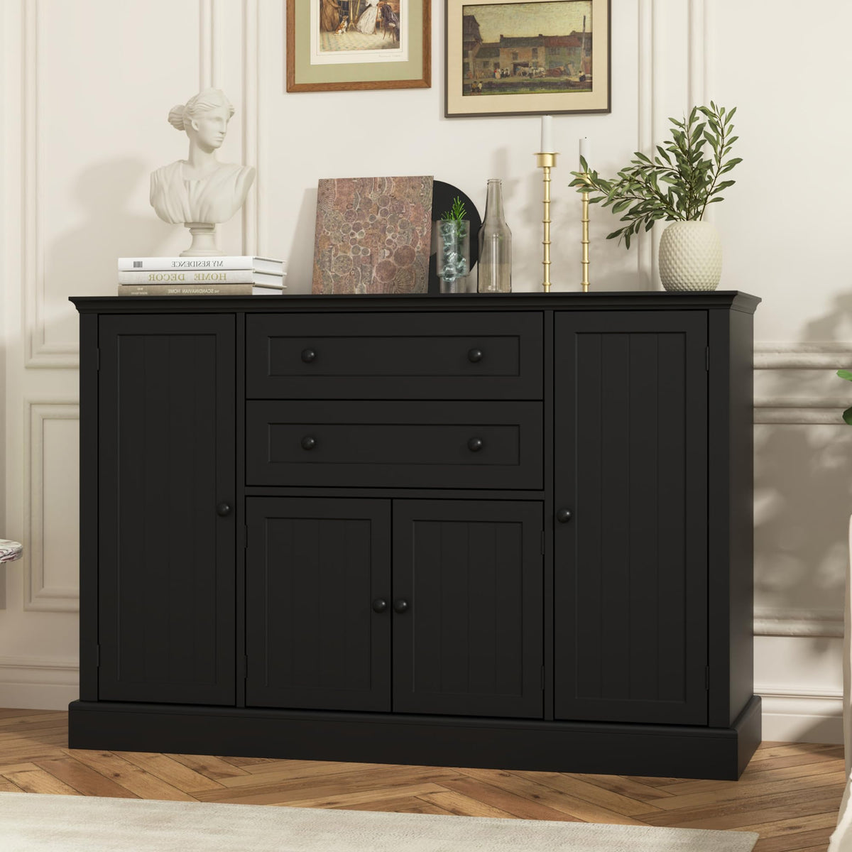 DecoFurn Farmhouse 47" Buffet Cabinet with Storage,Large Sideboard Buffet with Drawers and Adjustable Shelves, Rusitc Coffee Bar Cabinet for Kitchen, Black