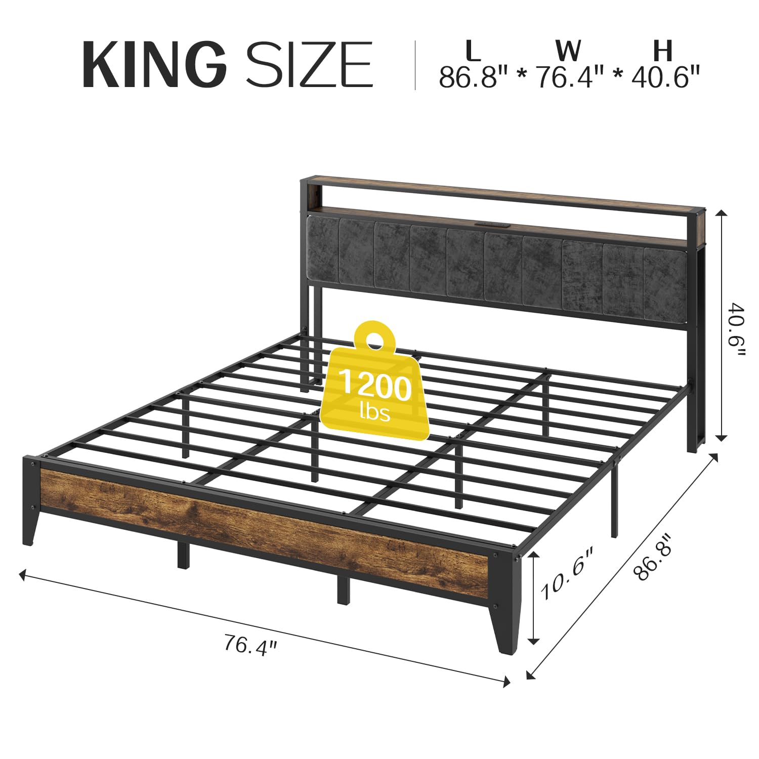 King Platform Bed Frame with LED Headboard & Charging Station