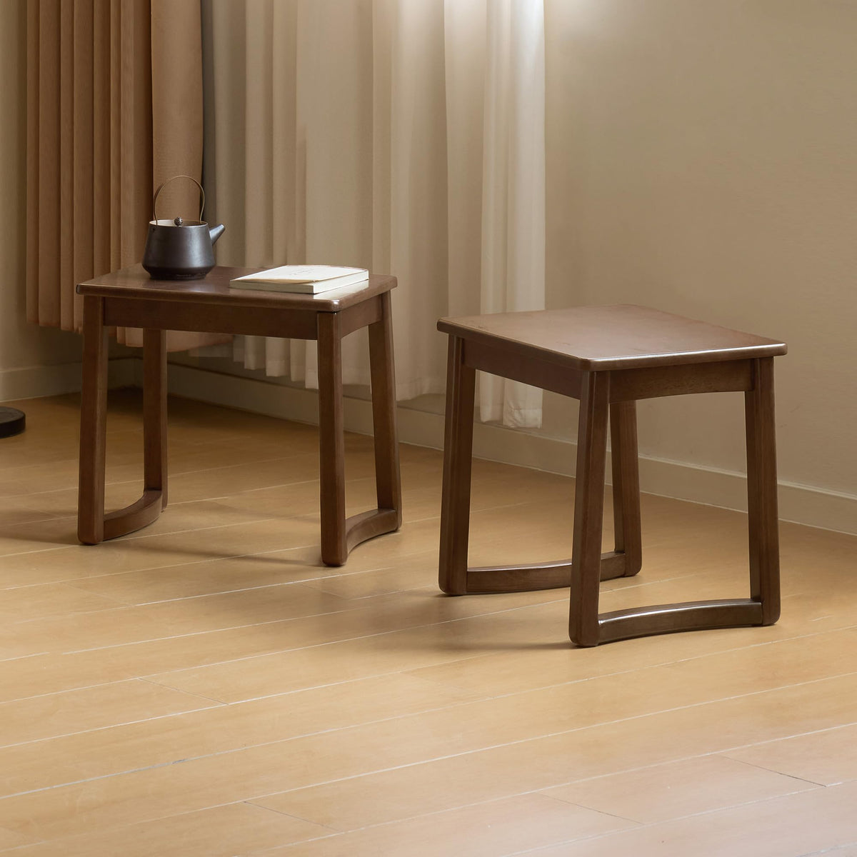 YESWOOD Solid Rubberwood Stool Set of 2, Multipurpose Stool for Dining Room, Japanese Side Table, Nightstand, Foot Rest, End Table for Living Room, Bedroom, Entryway, Walnut