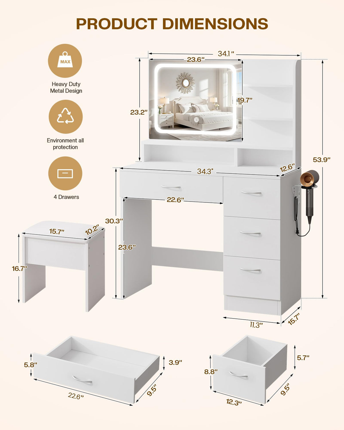 LIVELYGLOW White Makeup Vanity Desk with Charging Station & 4 Drawers