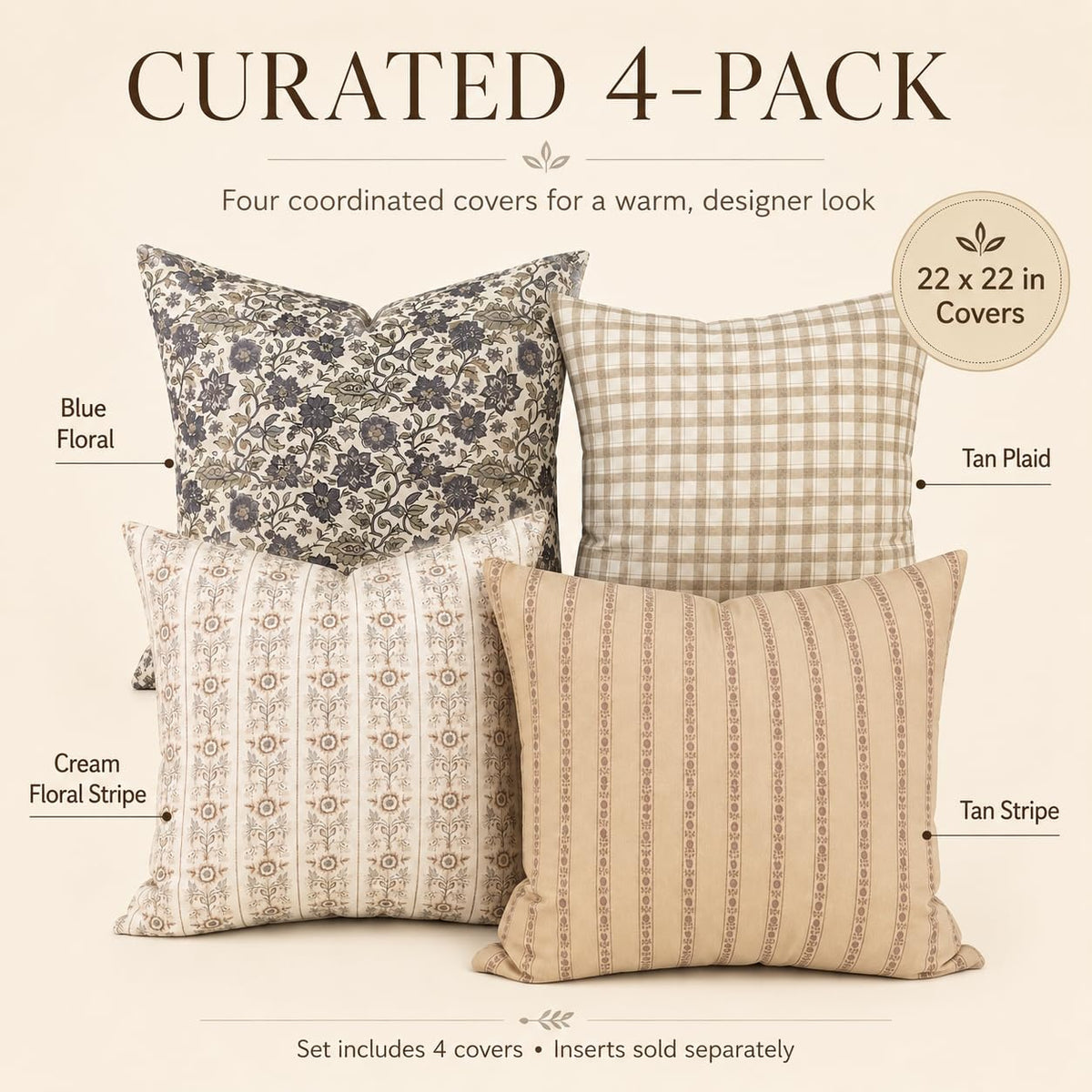 Cotton Throw Pillow Covers, Set of 4