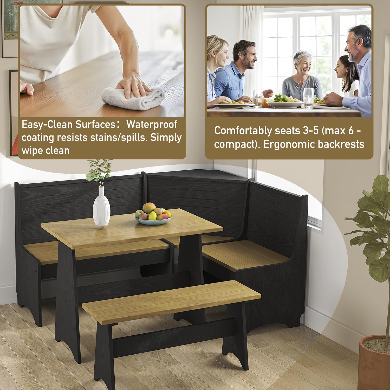 Breakfast Nook Kitchen Corner Dining Table Bench Chair Set, Hidden Storage Space-Saving 3-4 Seat L-Shape Farmhouse Mid Century Modern Style for Family Home Black Wood