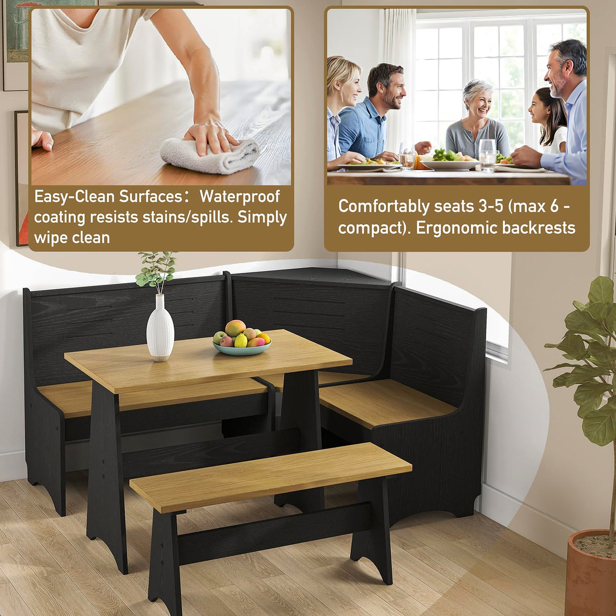 Breakfast Nook Kitchen Corner Dining Table Bench Chair Set, Hidden Storage Space-Saving 3-4 Seat L-Shape Farmhouse Mid Century Modern Style for Family Home Black Wood