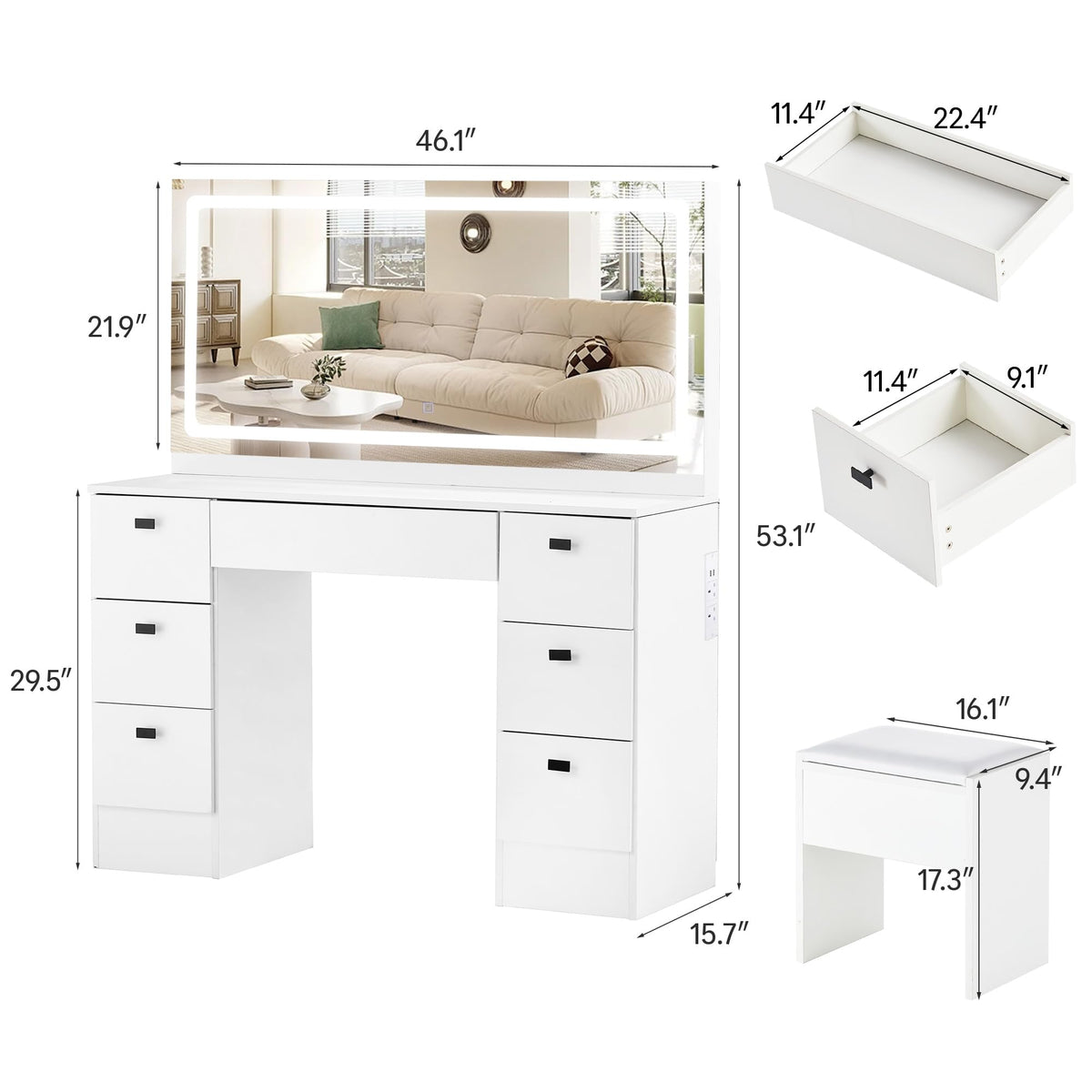 TUKAILAi 46.1" Large Vanity Desk with Mirror and LED Lights,7 Drawers & Power Outlet, White Modern Makeup Vanity Desk with PU Cushion Stool, Touch Control 3 Color Modes Dressing Table Set for Bedroom