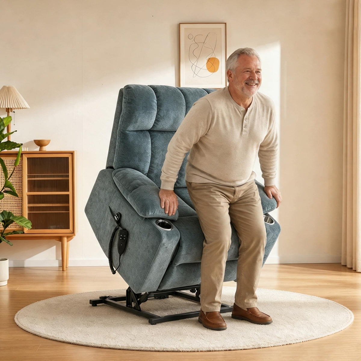 Oversized Power Lift Recliner Chair with Massage & Lumbar Heat, Gray Blue