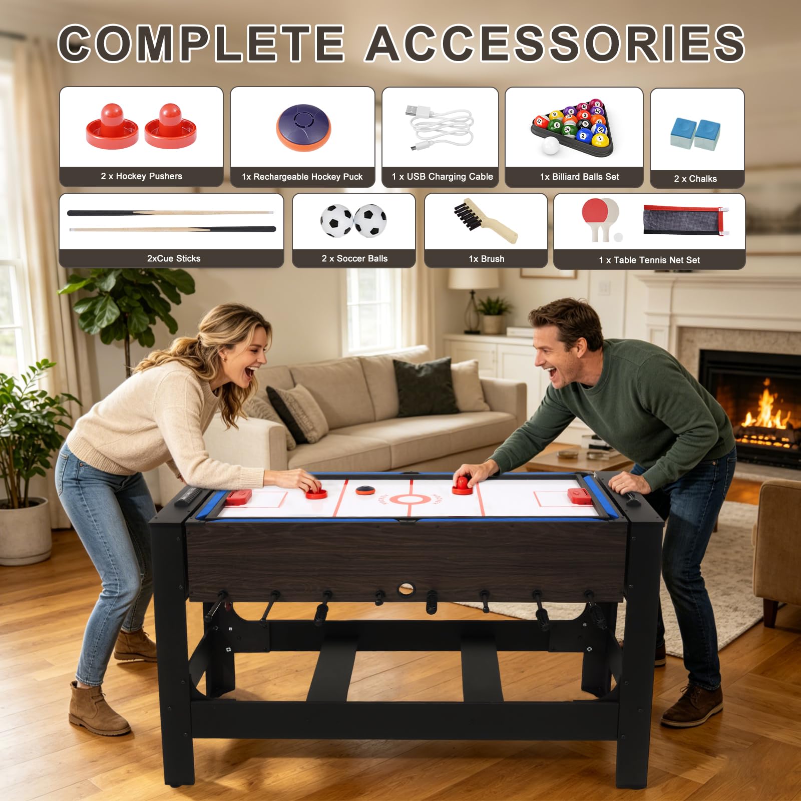 54" 4-in-1 Swivel Multi Game Table, Combo Game Table Set w/Air Hockey, Billiards, Foosball, Table Tennis for Adults, Space-Saving Sports Table for Home Game Room Party