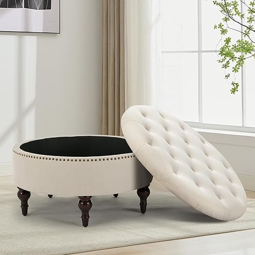 Round Storage Ottoman with Button Tufting & Wood Legs