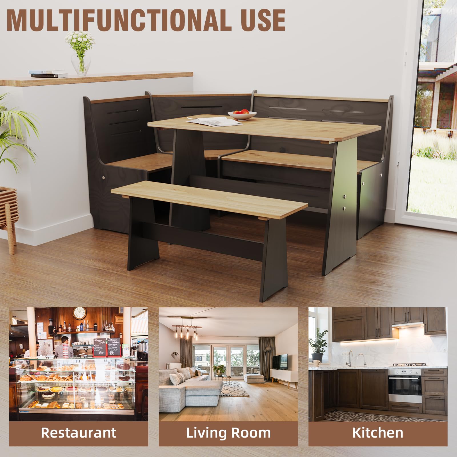 Gracava Breakfast Nook Table Set - L Shaped Corner Solid Wood Kitchen Dining Table with Bench Space Saving Seats 4-6 for Apartment 丨 Black