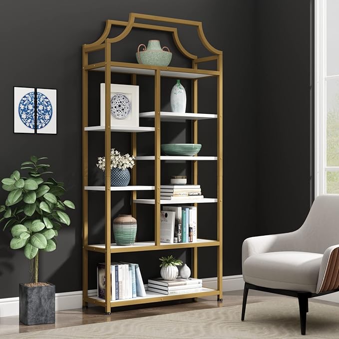 8-Tier Tempered Glass Etagere Bookshelf – Gold Metal Frame