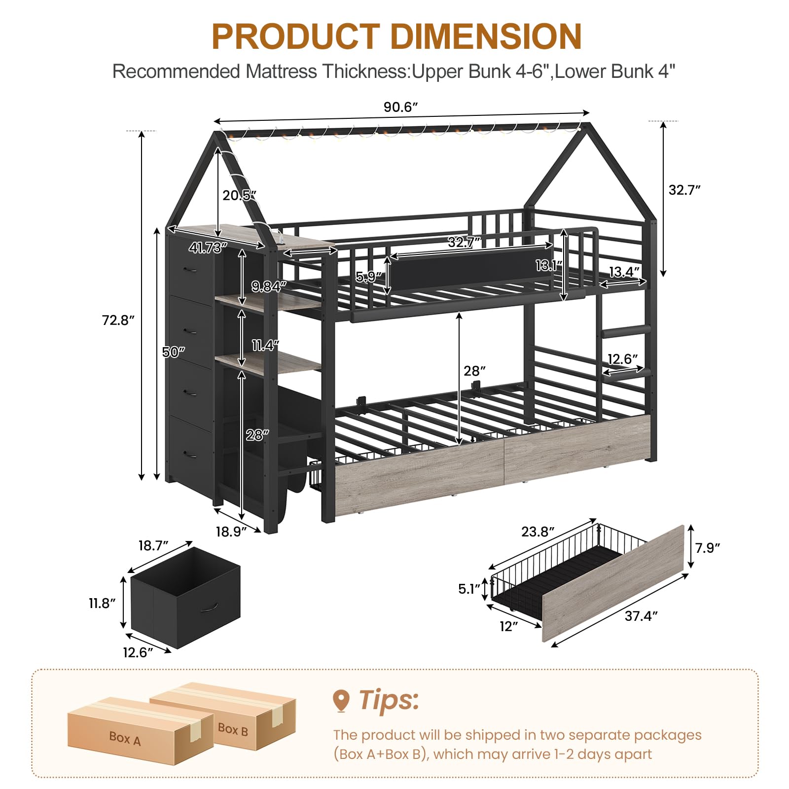 House Shaped Twin Over Twin Bunk Bed with Storage & Lights