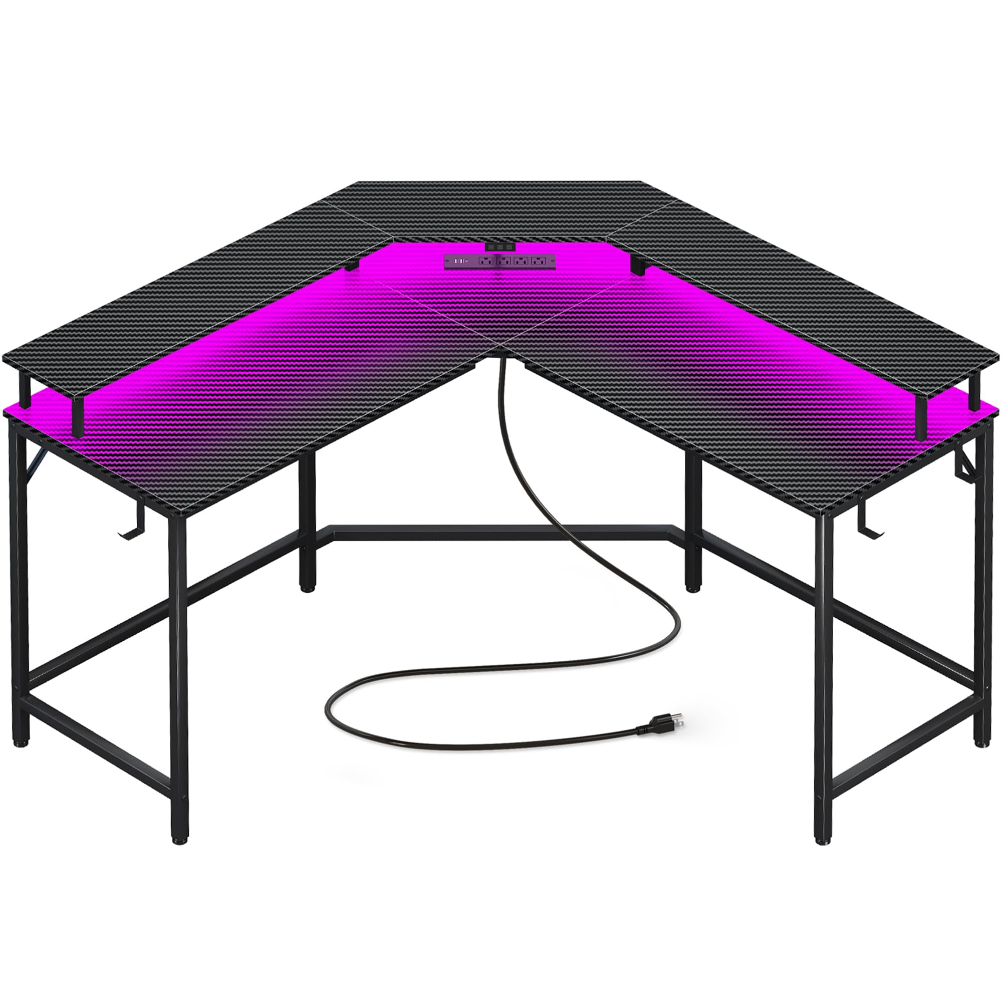 L-Shaped Gaming Desk with LED Lights & Power Outlets