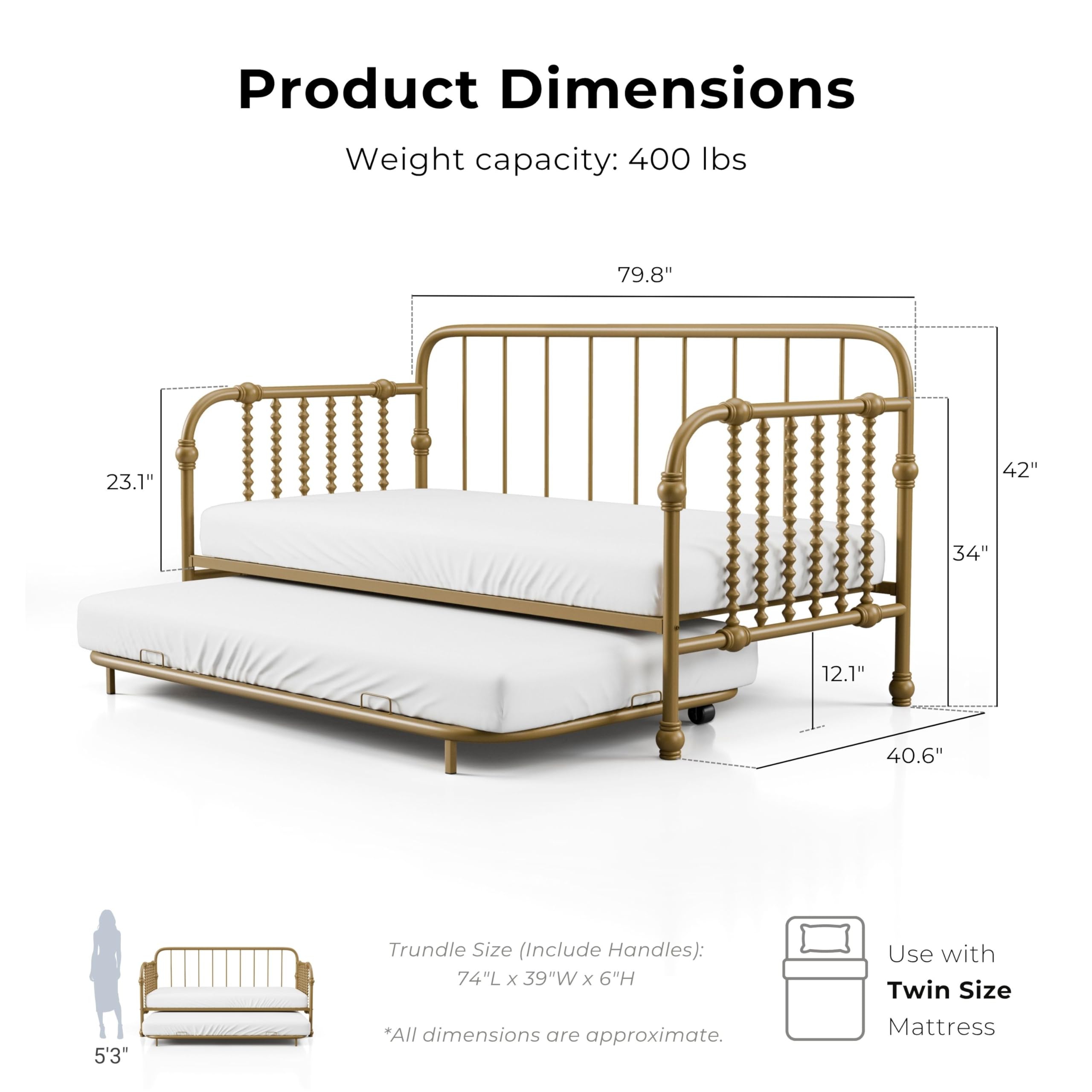 Furniture of America Wren Modern Metal Twin Size Daybed with Trundle and Wheels, Sofa Bed with Spindles and Checker-Box Frame for Living Room, Bedroom, Guest Room, Gold