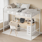 Twin Size Metal Loft Bed Frame with Arched Guardrail & Safety Ladder