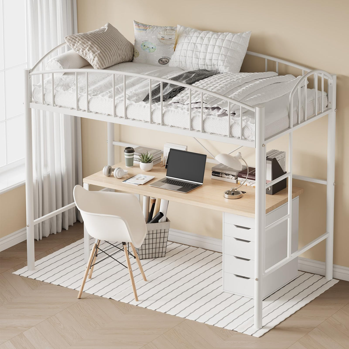 Garvee Loft Bed Twin Size with Ladde and Arched Guardrail for Kids, Adults