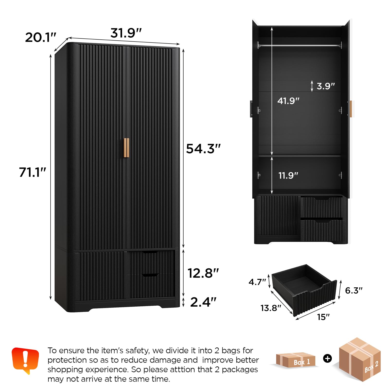 Vabches 71” Tall Armoire Wardrobe Closet with 2 Drawers and Shelves, Large Wooden Wardrobe Cabinet with Hanging Rod, Sliding Cabinet, Modern Fluted Clothing Storage Cabinet for Bedroom, Black