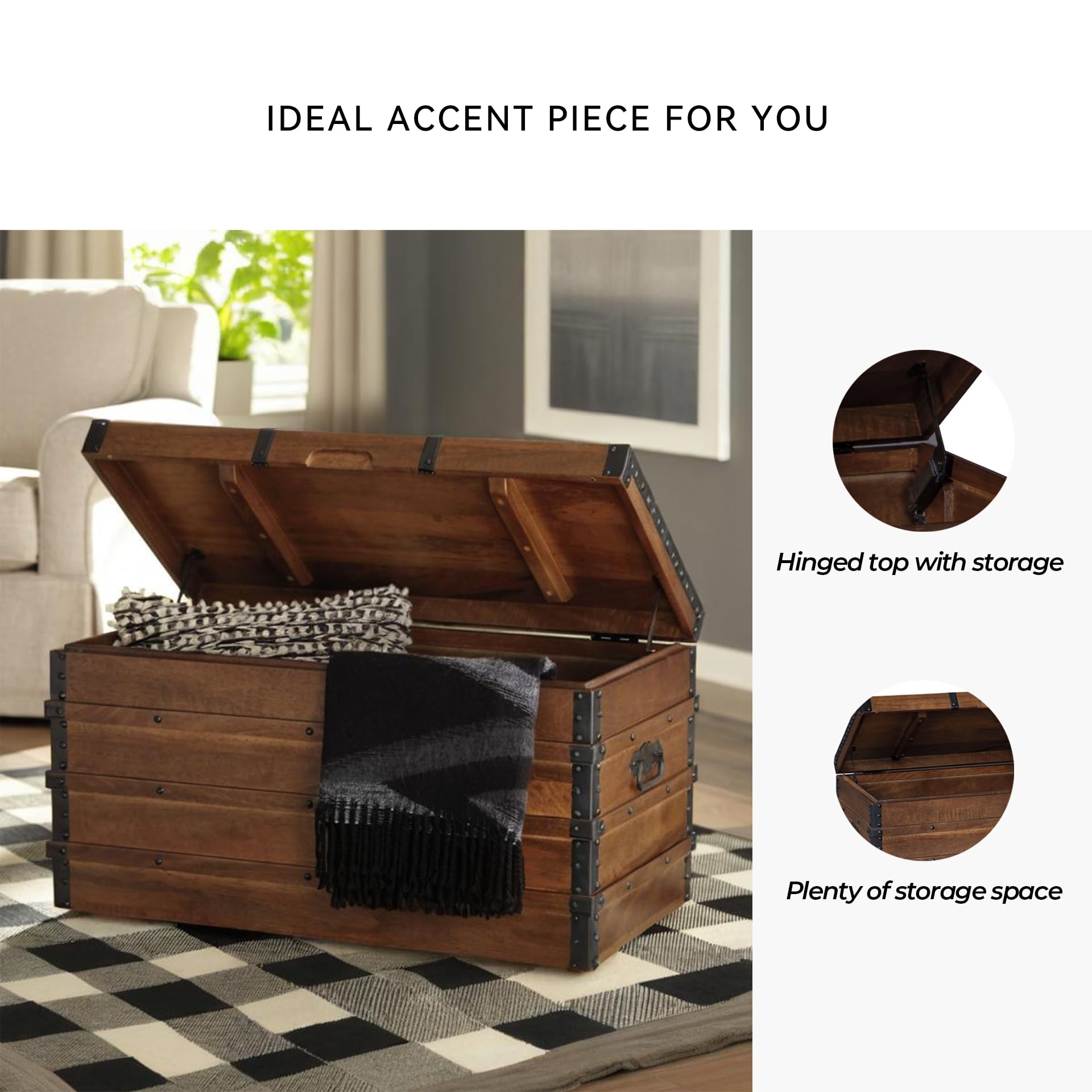 Wooden Storage Trunk with Hinged Top – Dark Brown