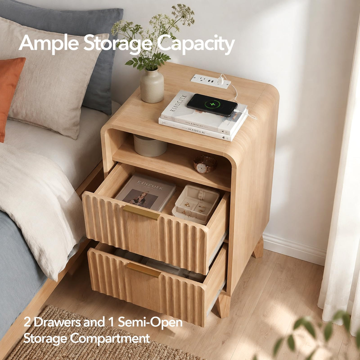 Fluted Nightstand with Charging Station