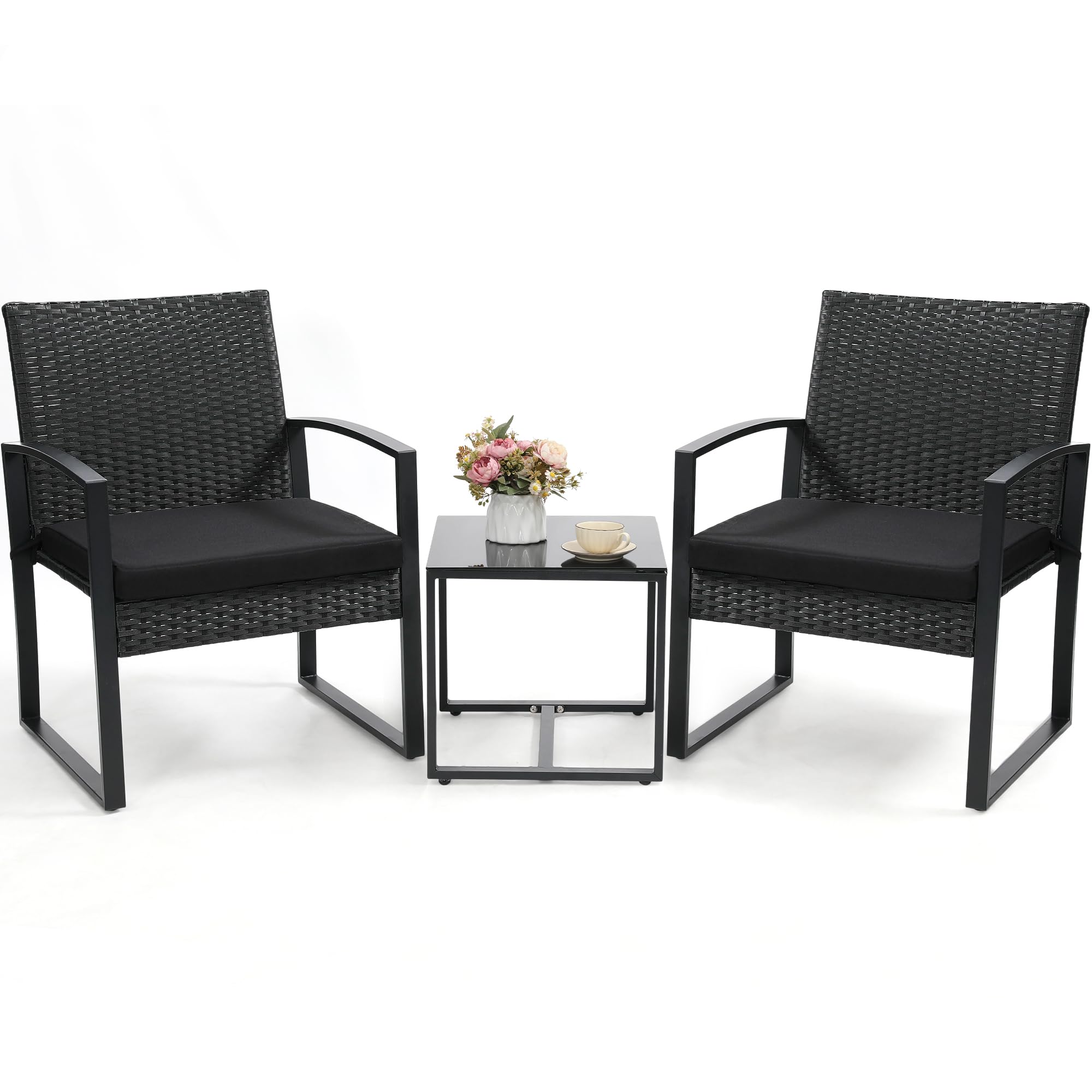 Murago Outdoor 3-Piece Wicker Bistro Set, Rattan Patio Conversation Set with Coffee Table, for Backyard Garden Poolside, Black Frame & Black Cushion