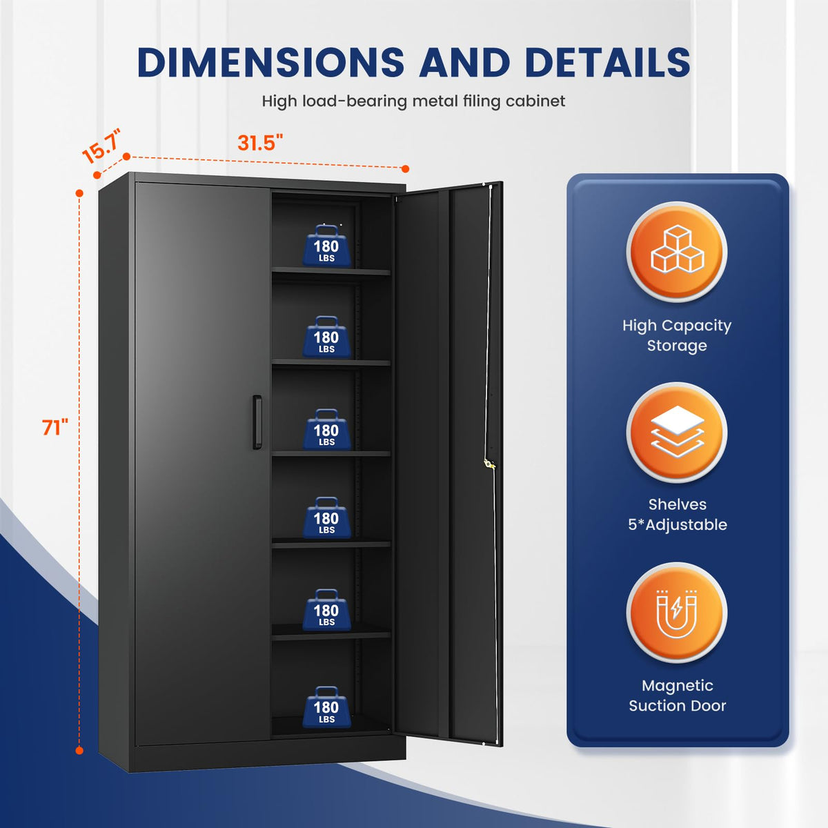 Yizosh Metal Garage Storage Cabinet with 2 Doors and 5 Adjustable Shelves - 71" Steel Lockable File Cabinet,Locking Tool Cabinets for Office,Home,Garage,Gym,School (Black)