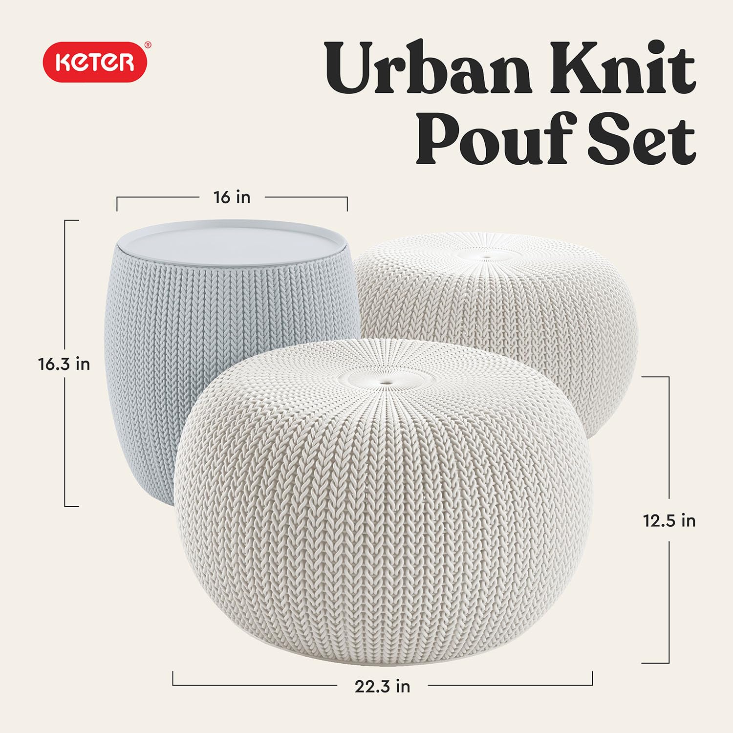 Keter Urban Knit Pouf Ottoman Set of 2 with Storage Table for Patio and Room Décor - Perfect for Balcony, Deck, and Outdoor Seating, Grey & White