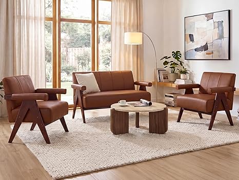 Faux Leather Loveseat Sofa & Accent Chair Set | Mid-Century Modern