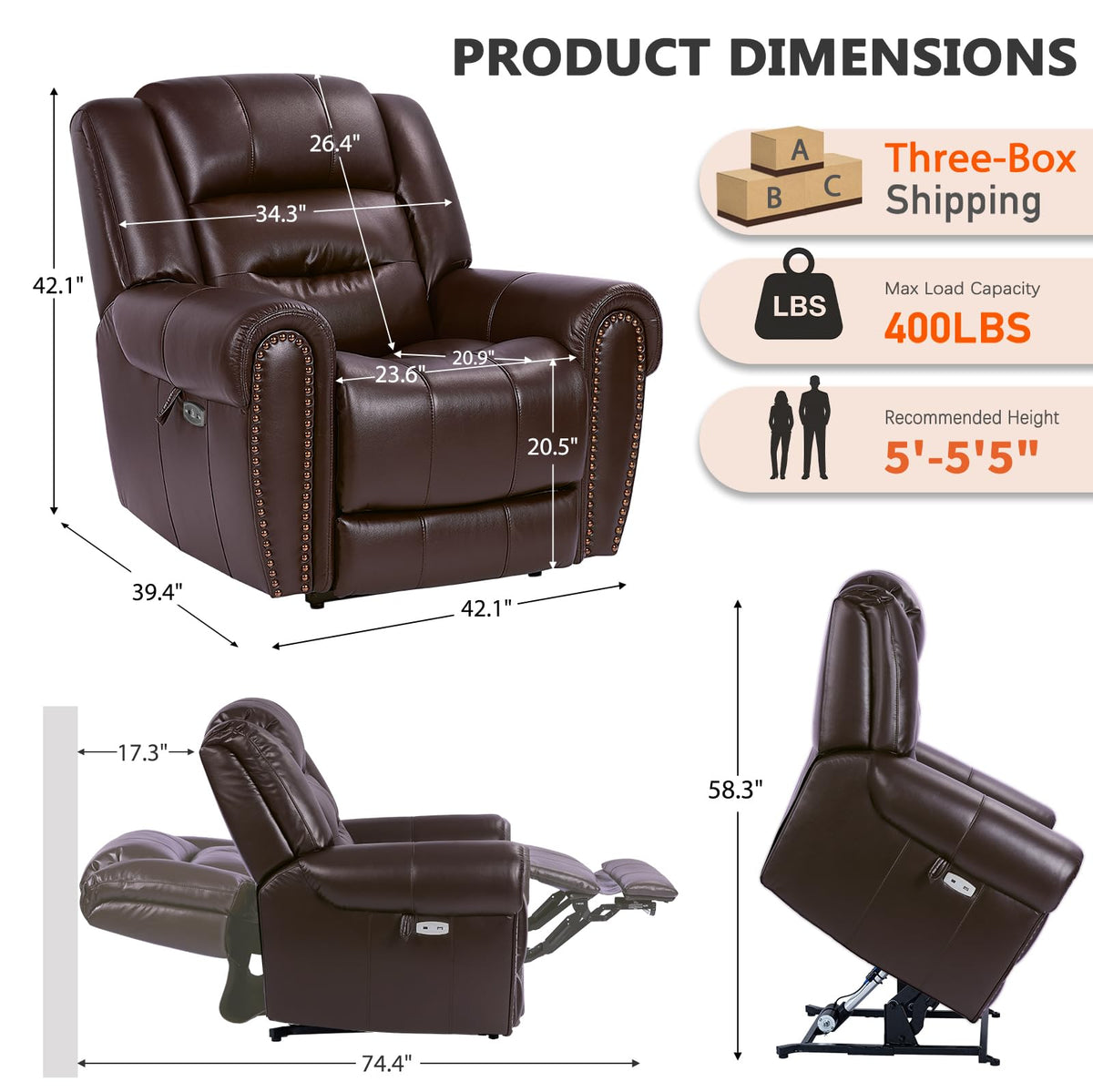 EONIX Retro Dual Motor Lay Flat Power Lift Recliner Chair for Elderly 5'5''